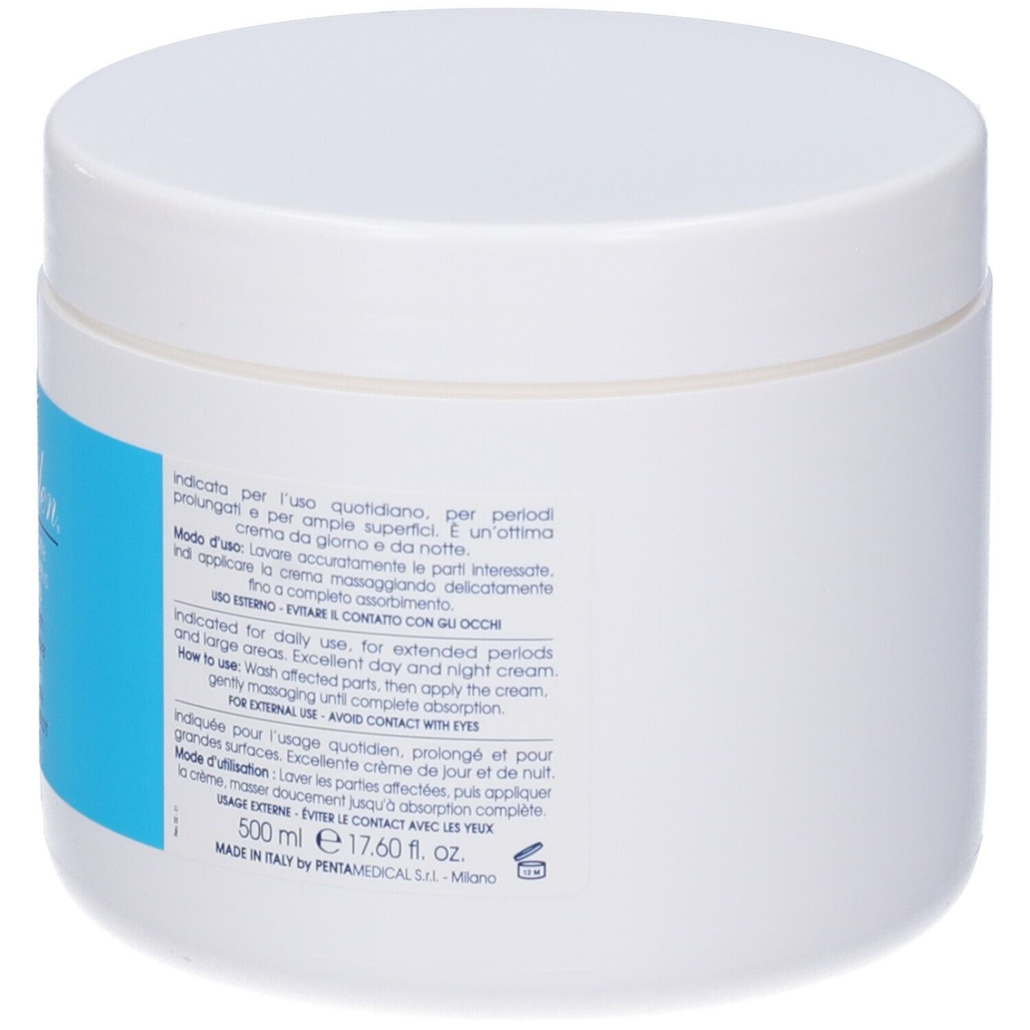 Weißer Tiegel mit weißem Deckel. Keine Beschriftung sichtbar. Zylindrische Form.