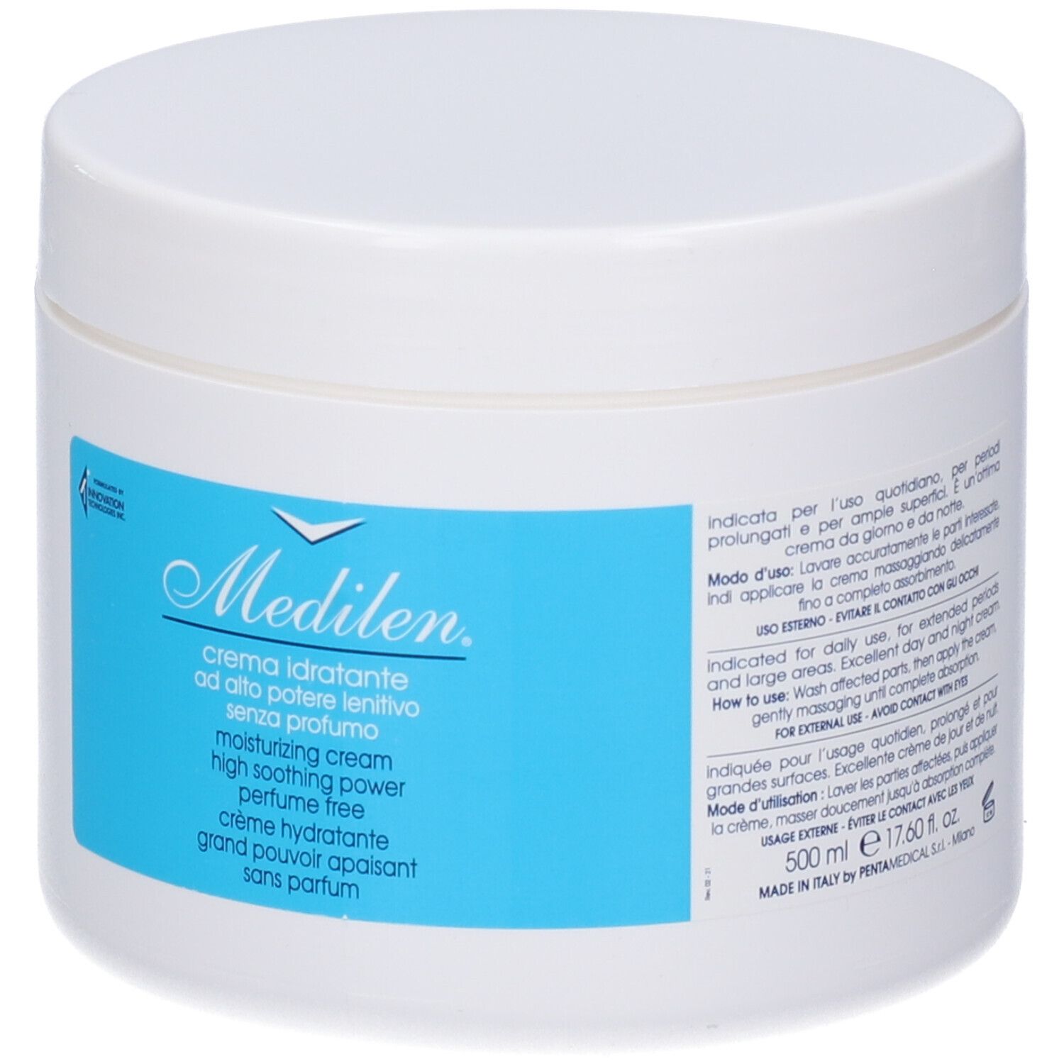 Weißer Tiegel mit blauem Etikett. Aufschrift: Medilen, crema idratante, senza profumo, moisturizing cream.