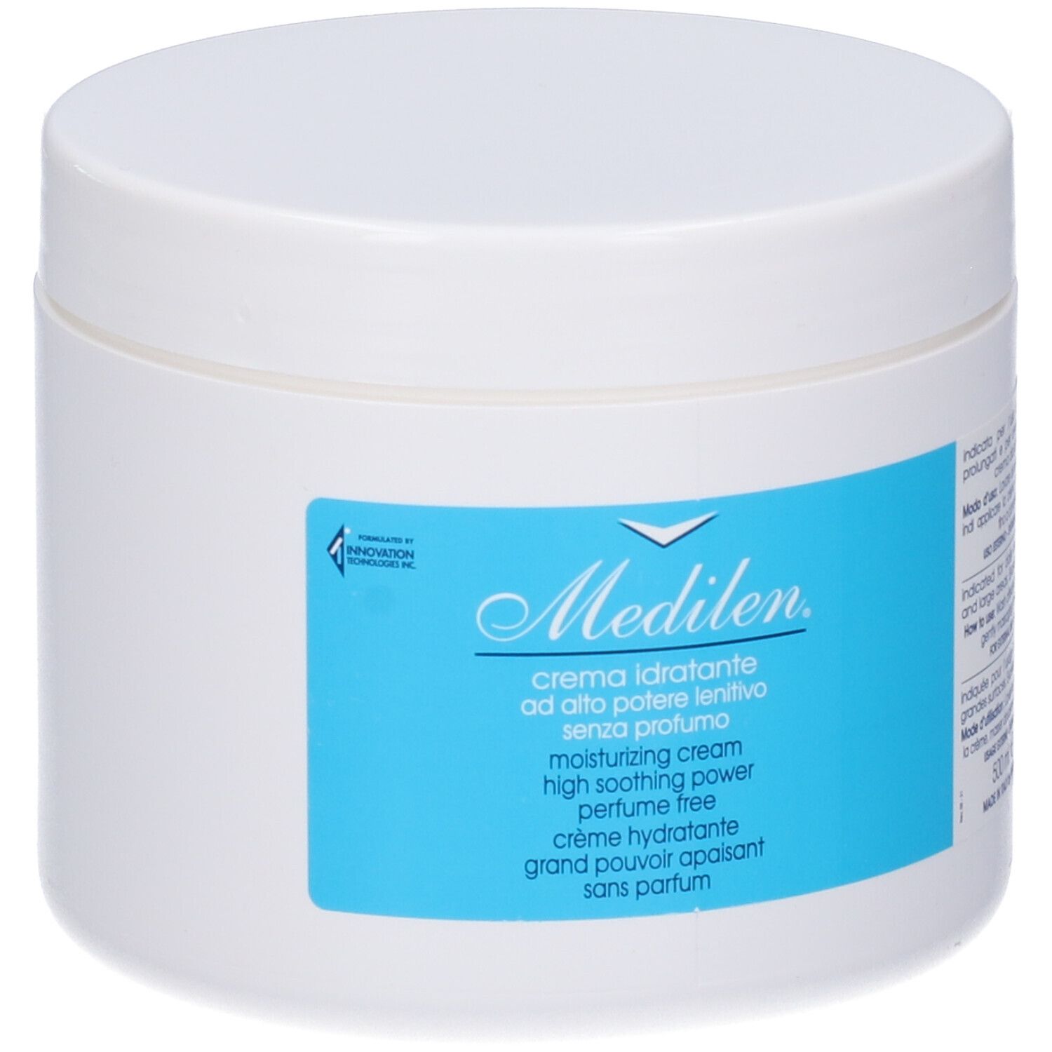 Weißer Tiegel mit blauem Etikett. Aufschrift: Medilen, crema idratante, senza profumo, moisturizing cream.