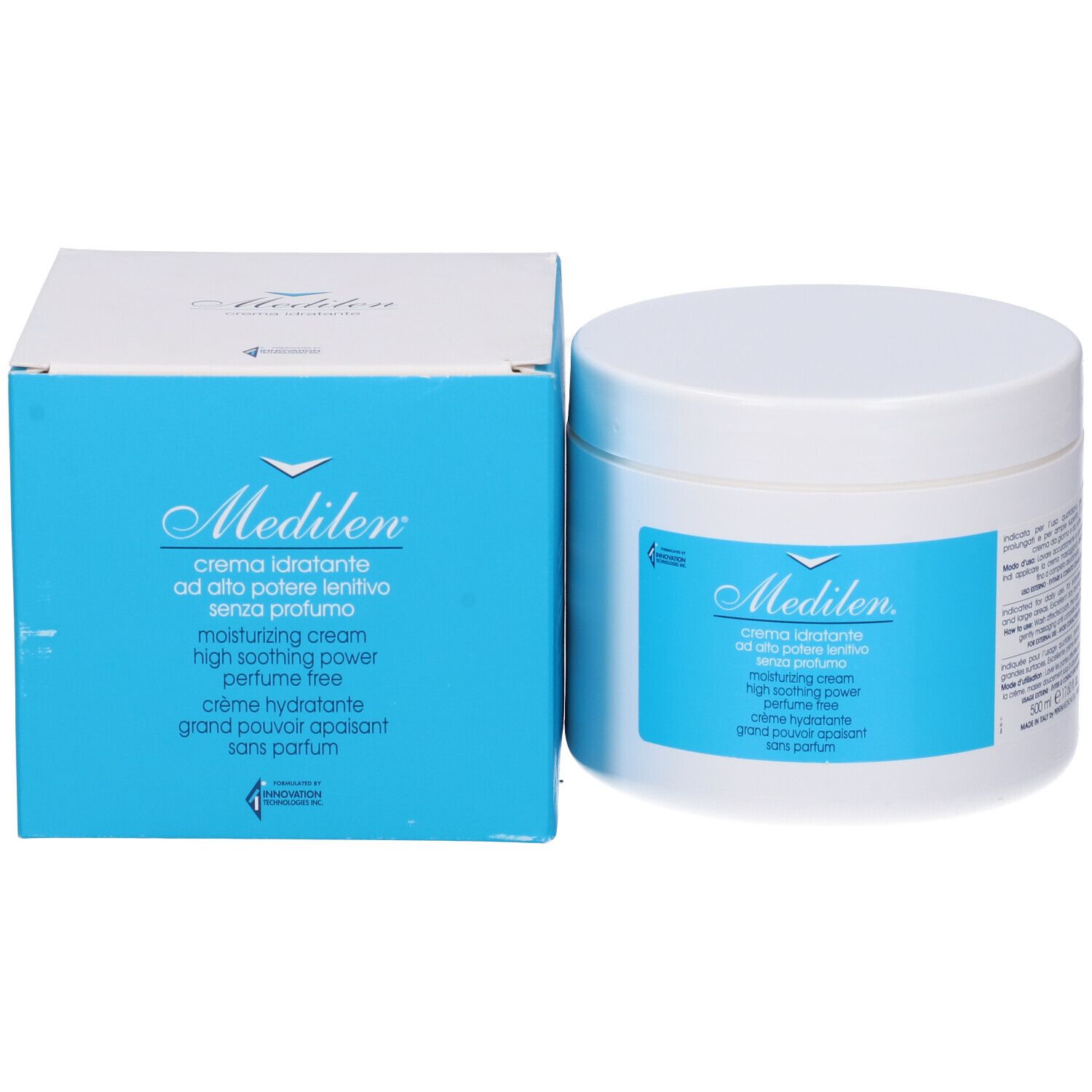 Weißer Tiegel und Schachtel. Aufschrift: Medilen, crema idratante, senza profumo, moisturizing cream.