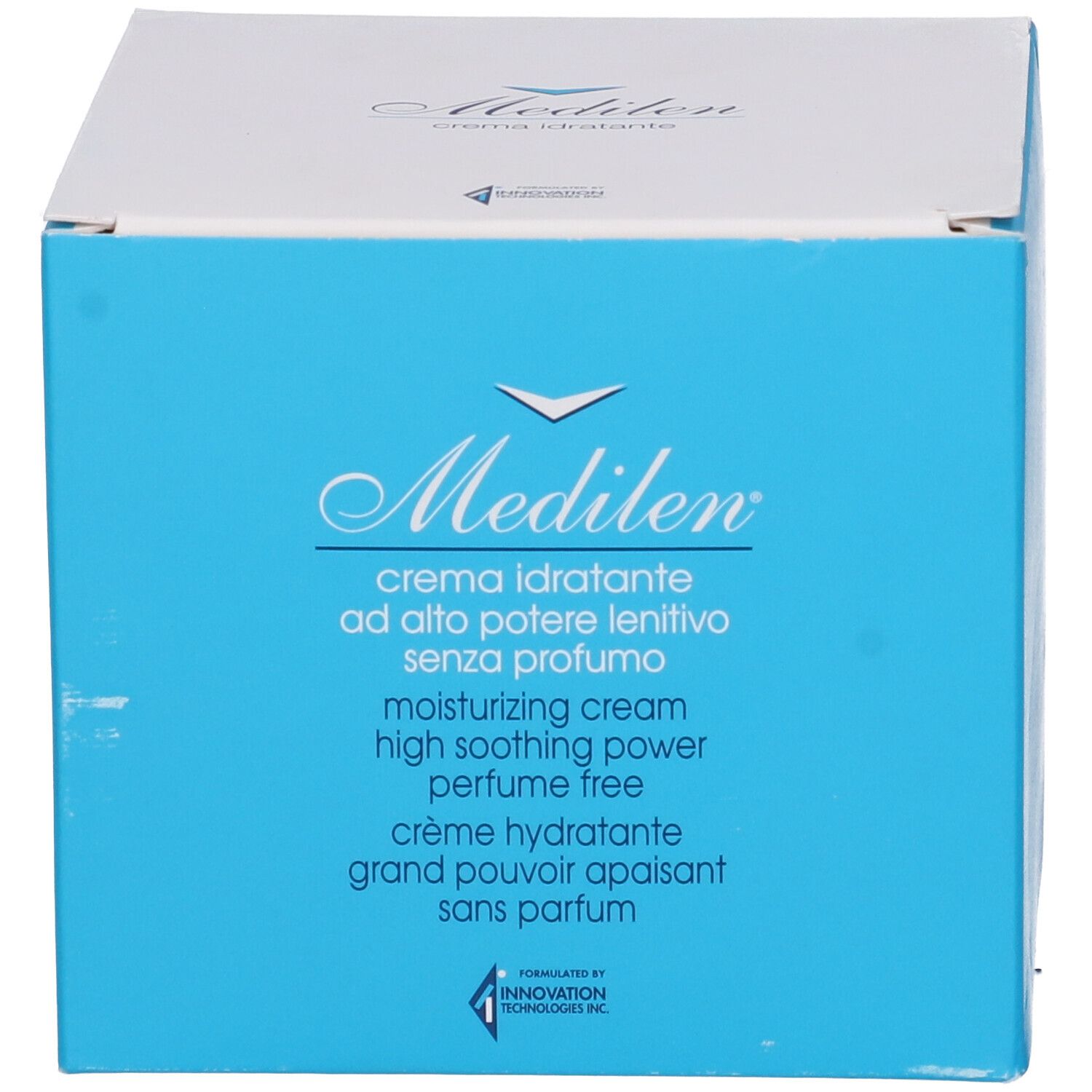 Blaue Schachtel. Aufschrift: Medilen, crema idratante, senza profumo, moisturizing cream.
