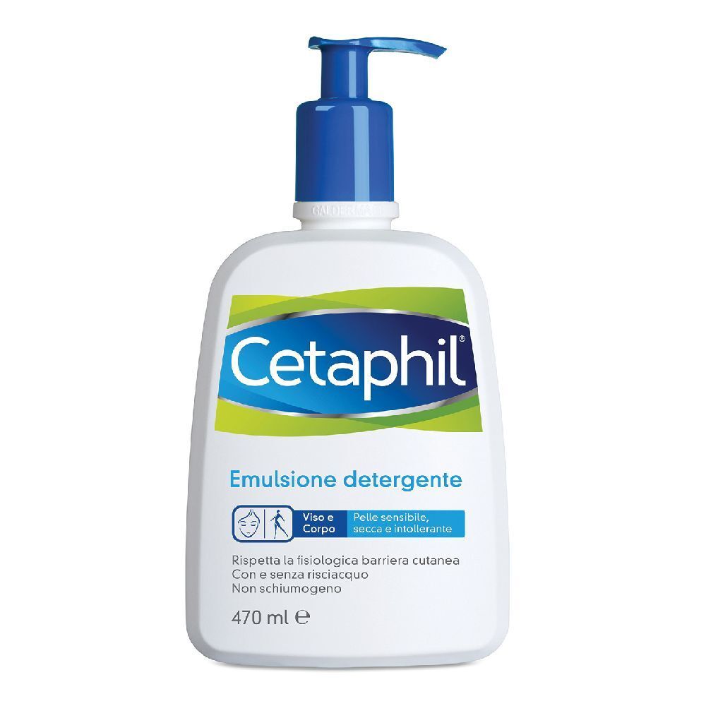 Flacon blanc avec pompe bleue. Inscription Cetaphil et Emulsion detergente. Pour peaux sensibles.