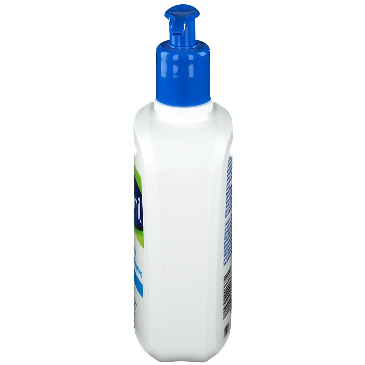 Flacon blanc avec pompe bleue. Inscription Cetaphil et Emulsion detergente. Pour peaux sensibles.