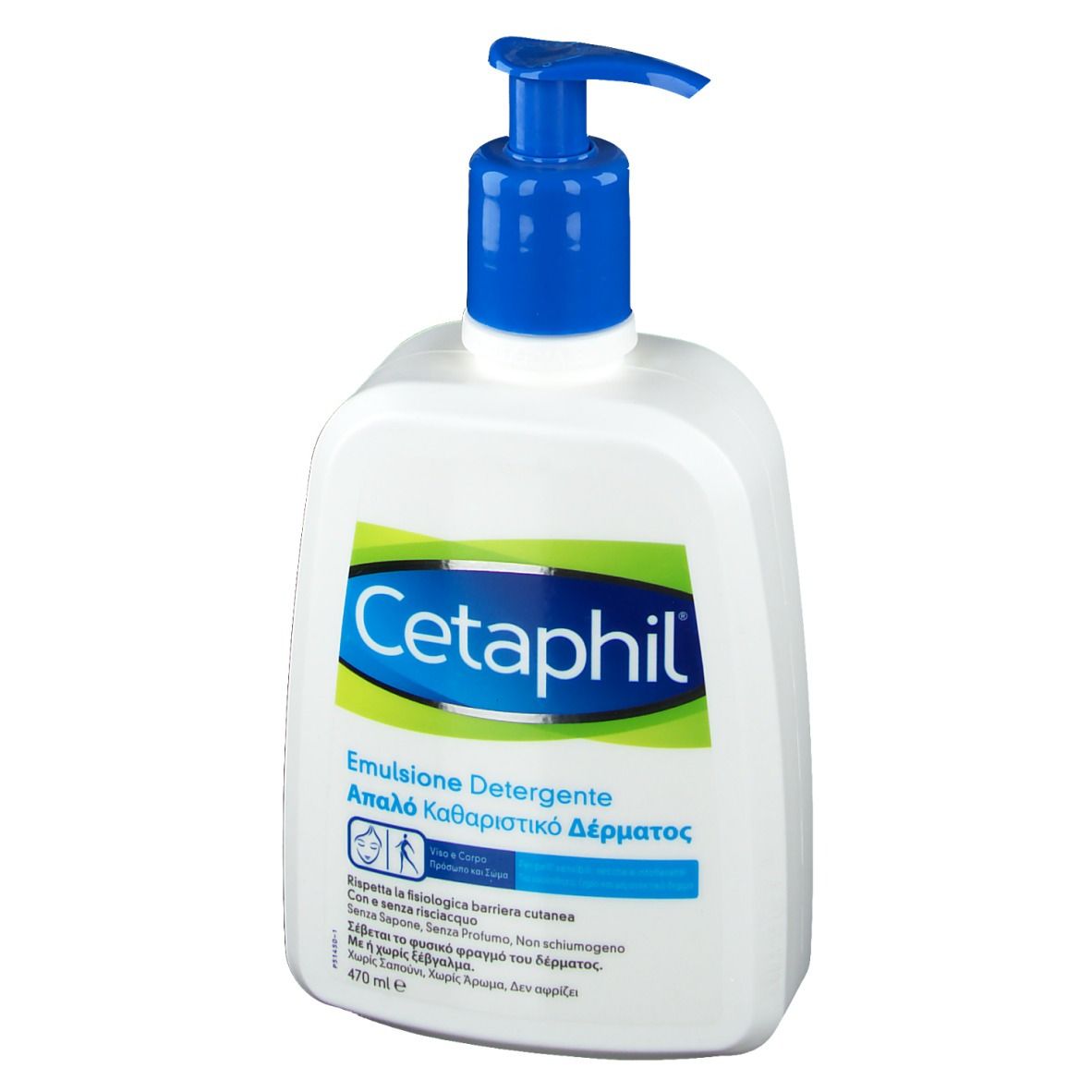 Flacon blanc avec pompe bleue. Inscription Cetaphil et Emulsion detergente. Pour peaux sensibles.