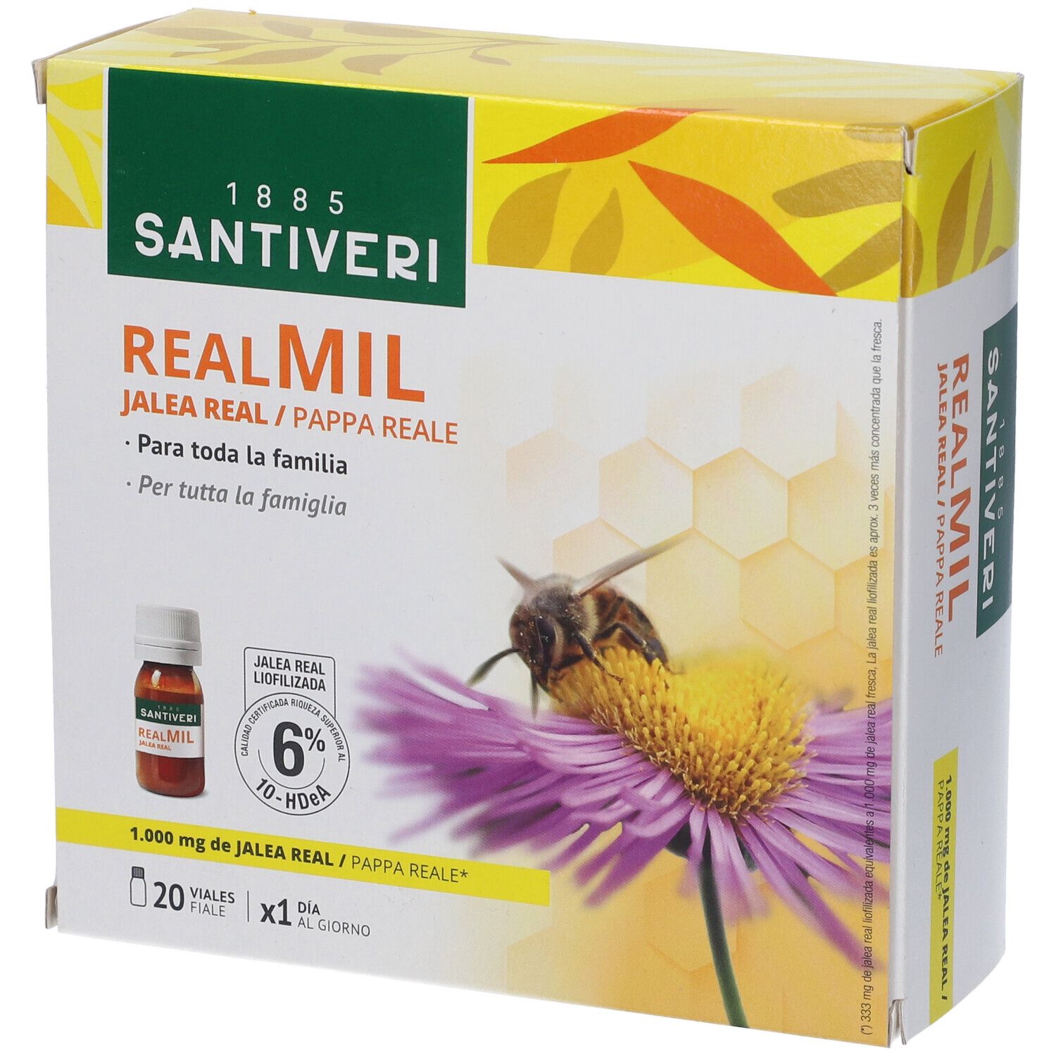 Verpackung von Santiveri Realmil. Enthält 20 Vials. Aufdruck: Realmil, Jalea Real/Pappa Reale, 1.000 mg Jalea Real.