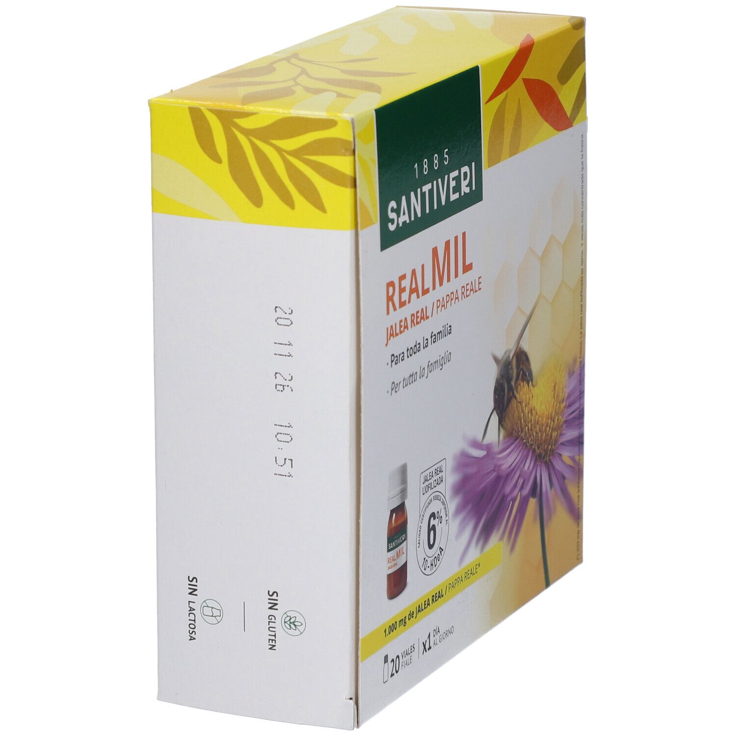 Schrägansicht der Santiveri Realmil Verpackung. Aufdruck: Realmil, Jalea Real/Pappa Reale. Enthält 20 Vials. Glutenfrei.