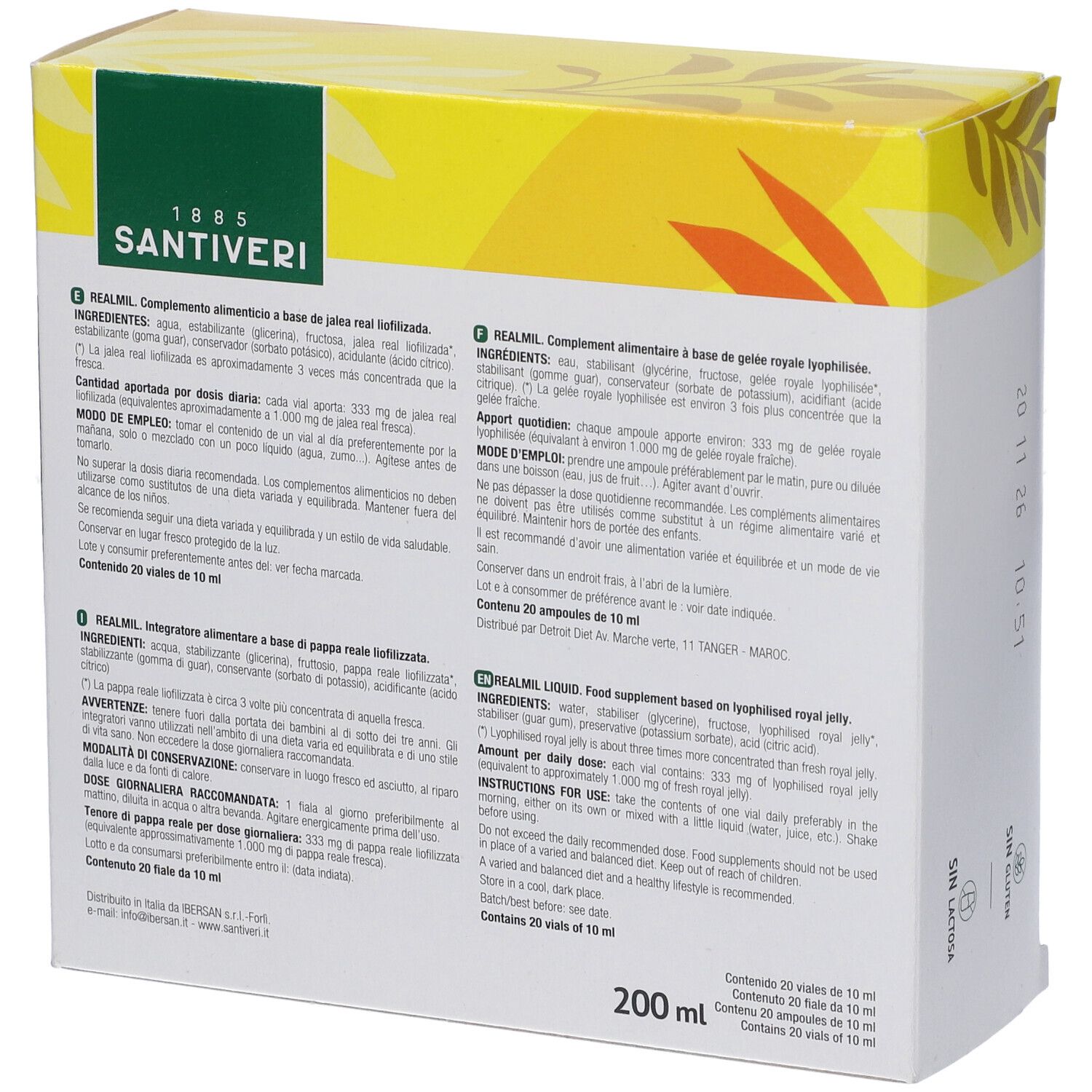 Rückseite der Santiveri Realmil Verpackung. Text in Deutsch, Französisch, Italienisch und Englisch. Enthält 20 Vials.