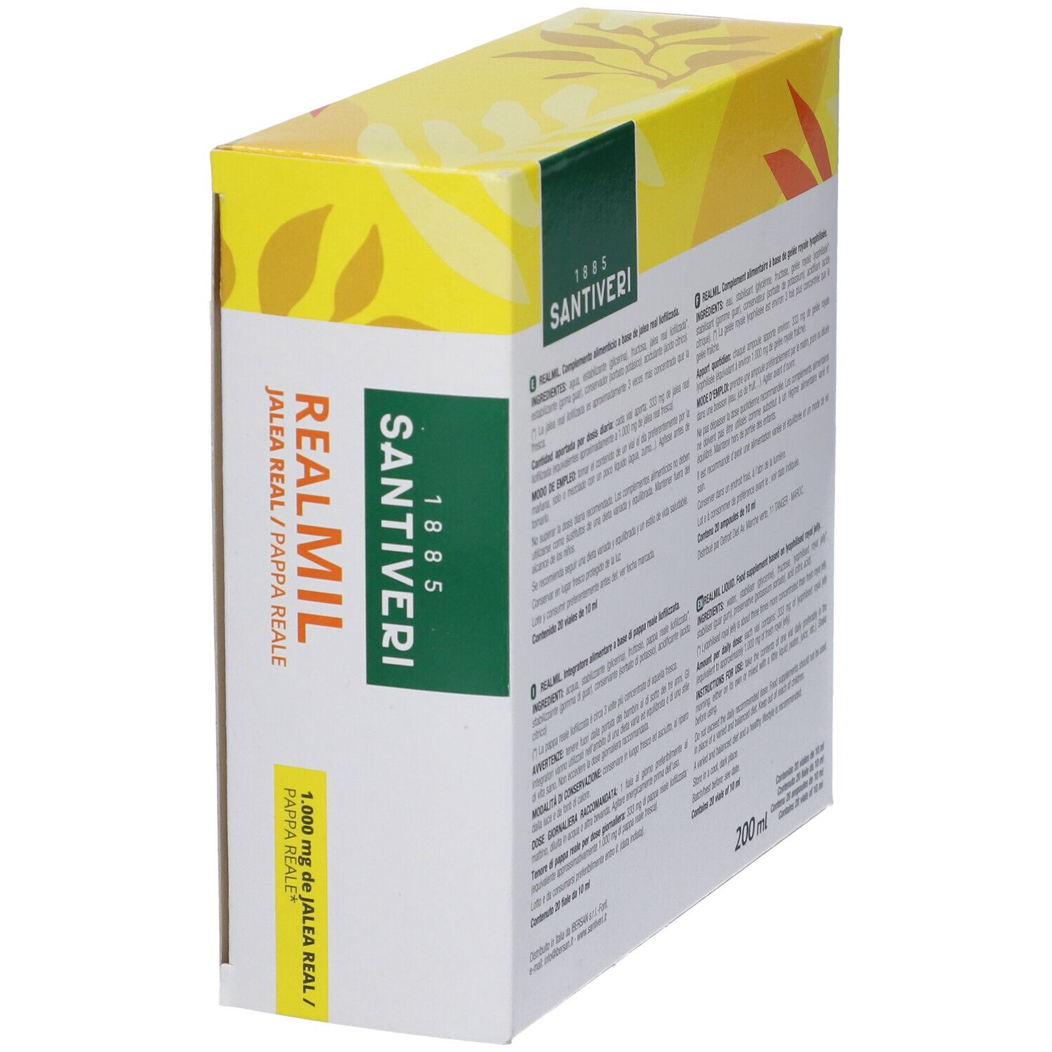 Schrägansicht der Santiveri Realmil Verpackung. Aufdruck: Realmil, Jalea Real/Pappa Reale. Enthält 20 Vials.