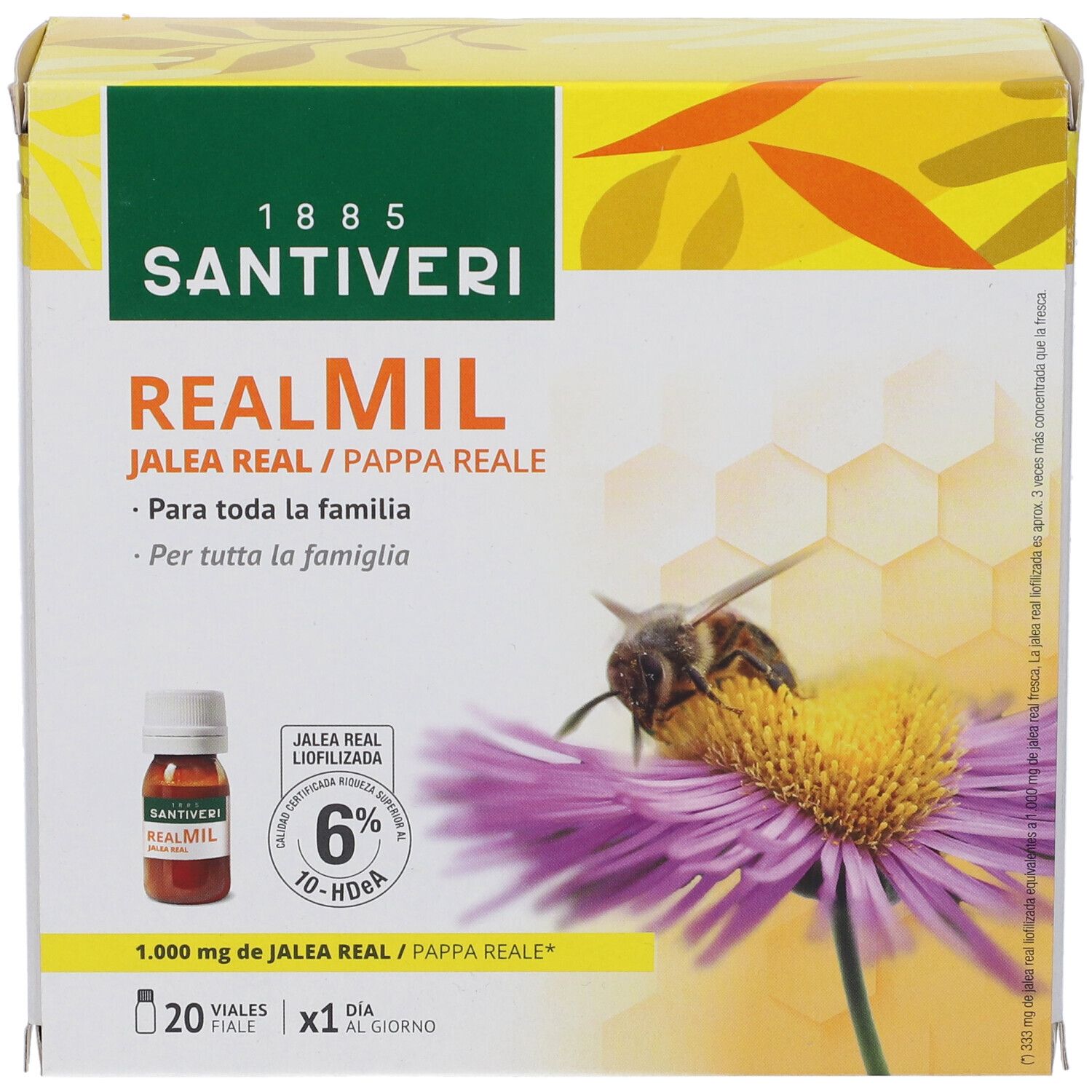 Santiveri Realmil Verpackung. Aufdruck: Realmil, Jalea Real/Pappa Reale, 1.000 mg Jalea Real. Enthält 20 Vials.