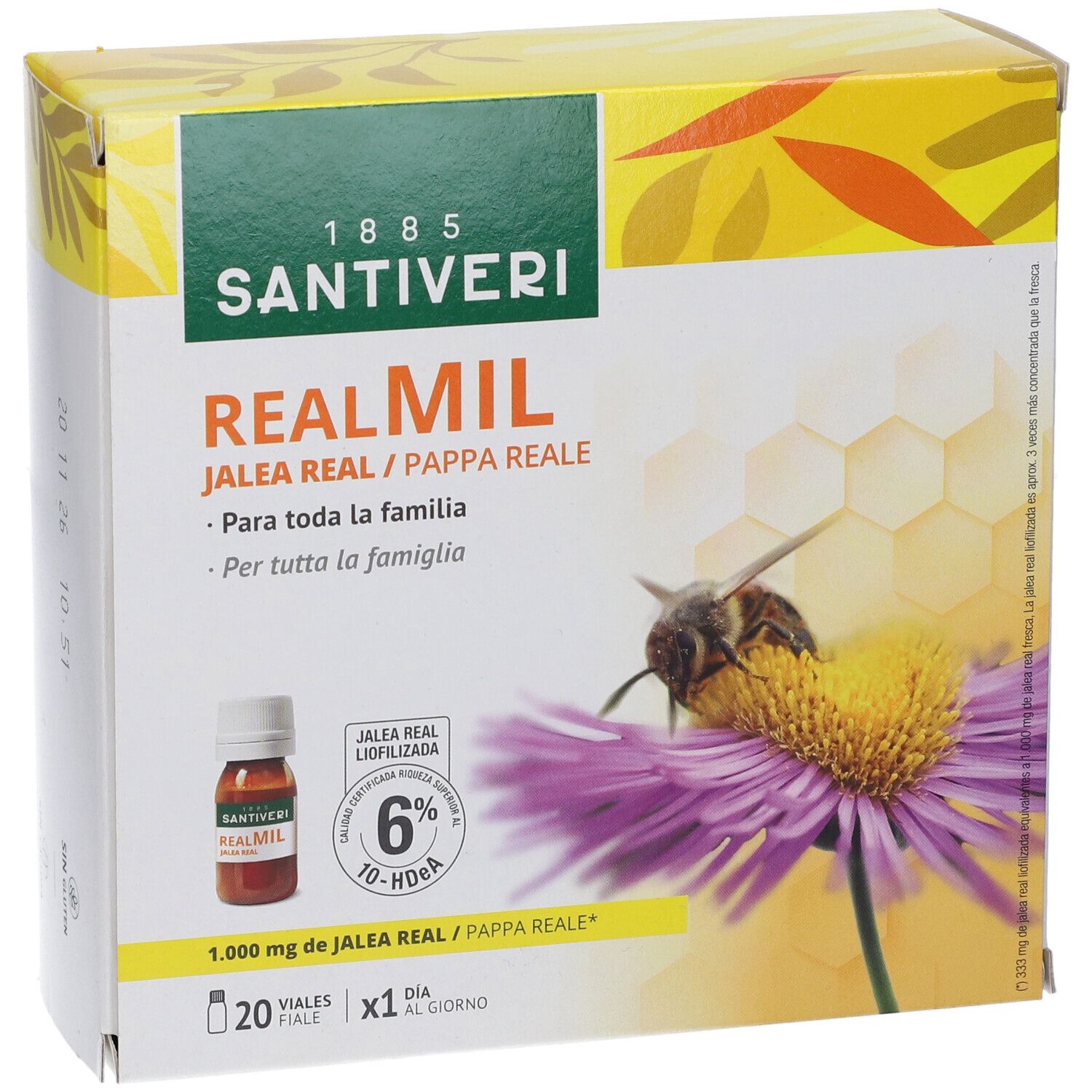 Santiveri Realmil Verpackung. Aufdruck: Realmil, Jalea Real/Pappa Reale, 1.000 mg Jalea Real. Enthält 20 Vials.