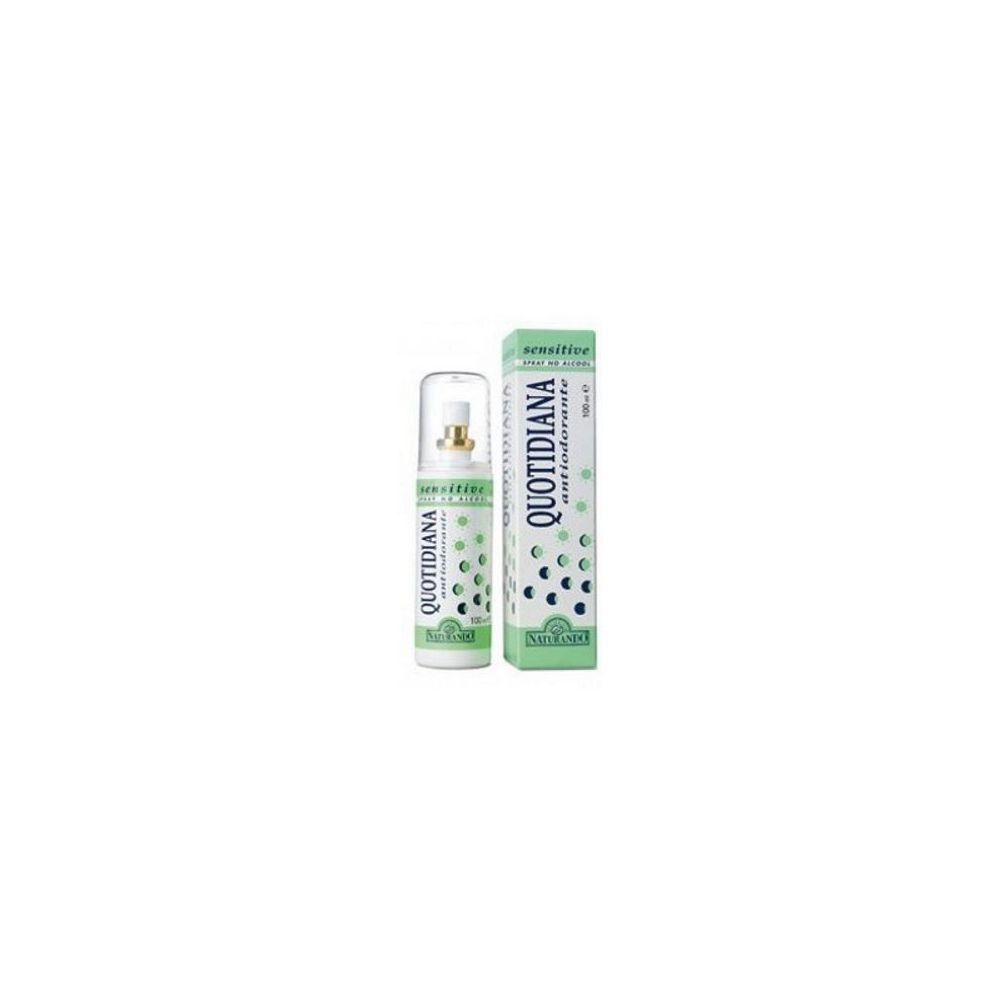 Quotidiana Antiodorante Spray Sensitive. Flasche und Verpackung. Grün-weißes Design. Produktname und Logo sichtbar.