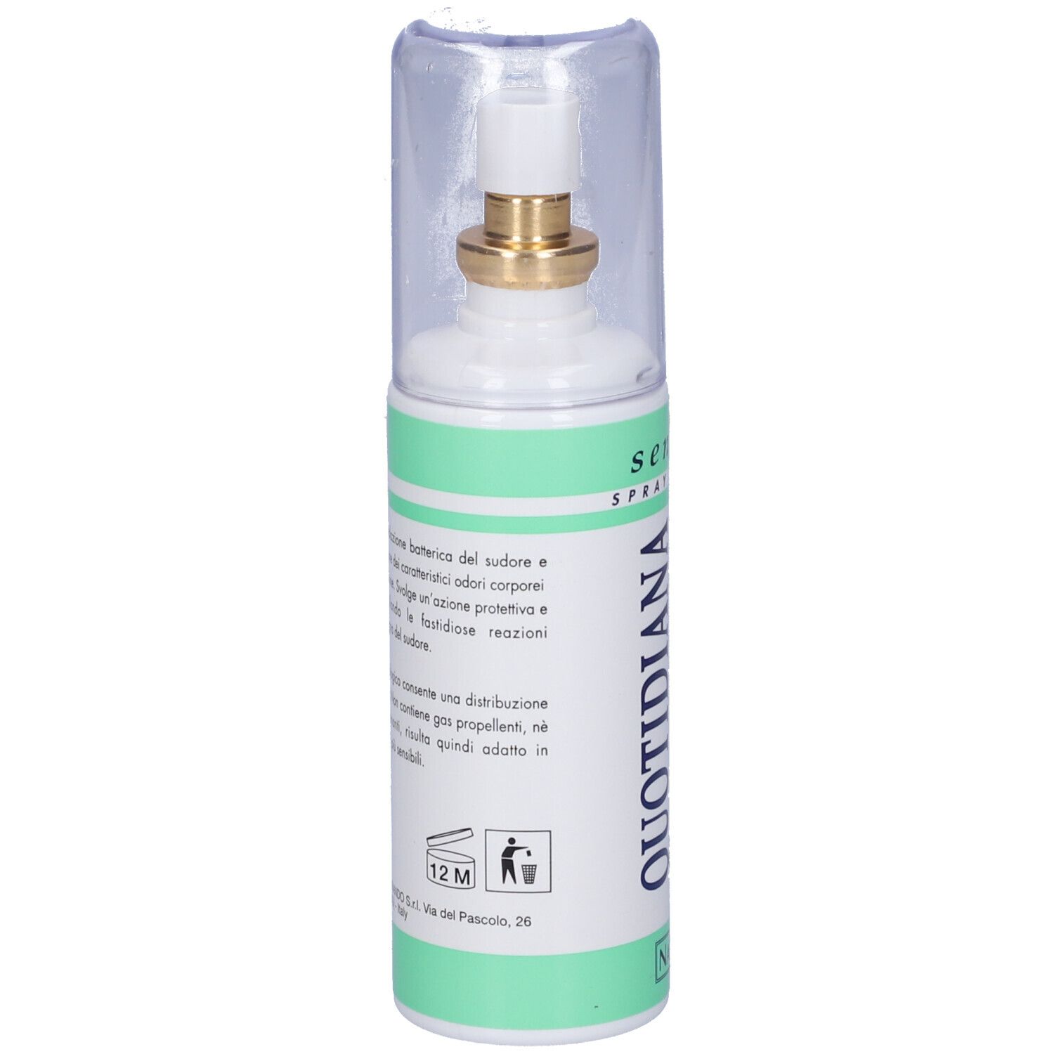 Quotidiana Antiodorante Spray Sensitive. Weiße Flasche mit grünem Band. Transparente Kappe. Produktname und Text sichtbar.