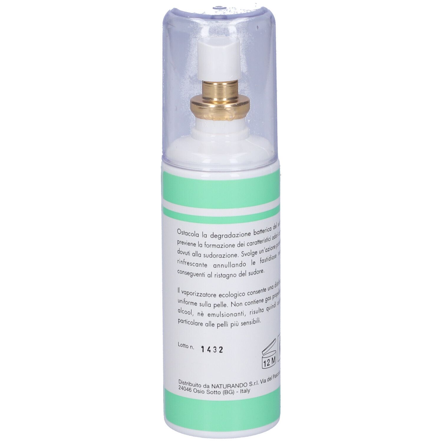 Quotidiana Antiodorante Spray Sensitive. Weiße Flasche mit grünem Band. Text und Logo auf der Flasche. Transparente Kappe.