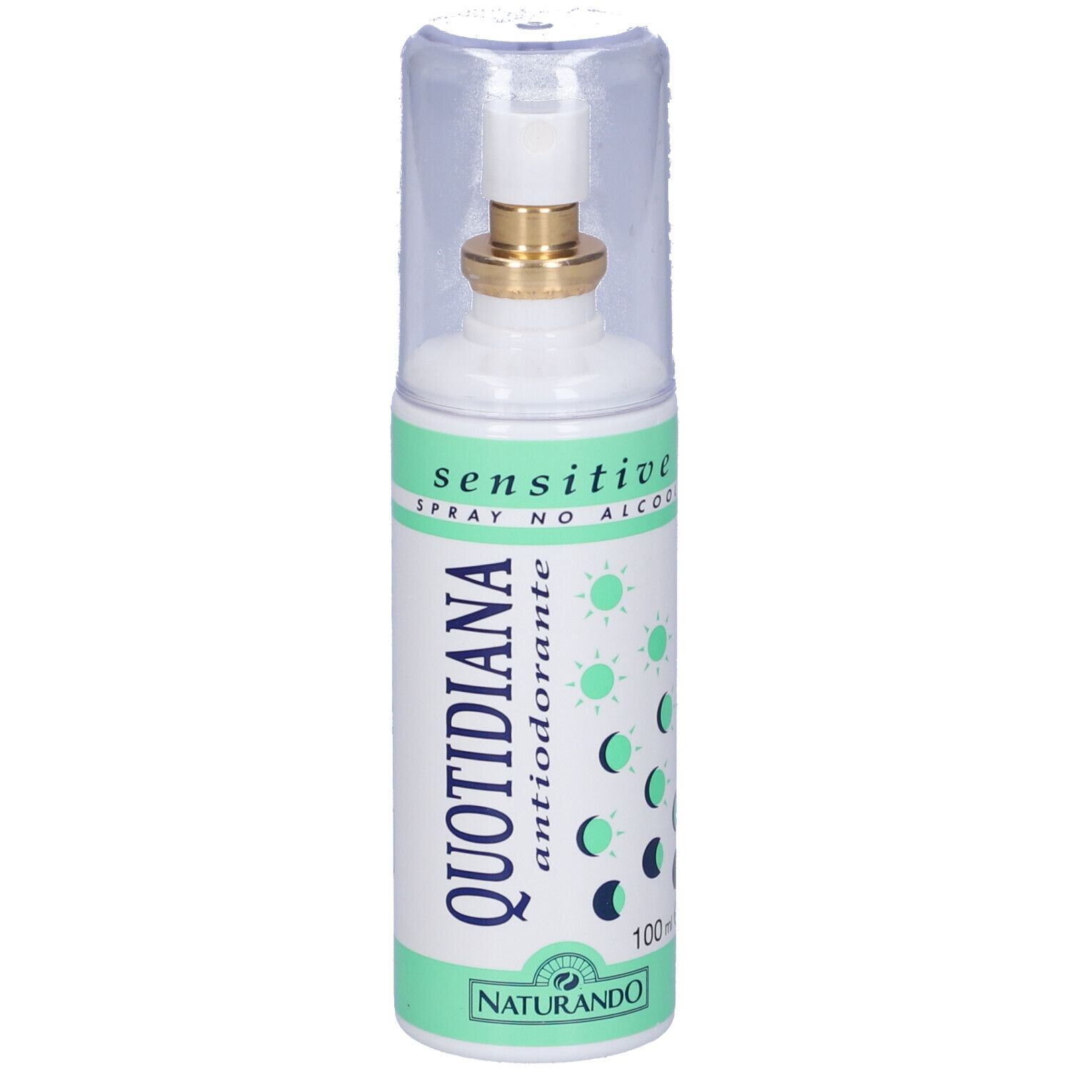 Quotidiana Antiodorante Spray Sensitive. Weiße Flasche mit grünem Band. Text und Logo auf der Flasche. Transparente Kappe.