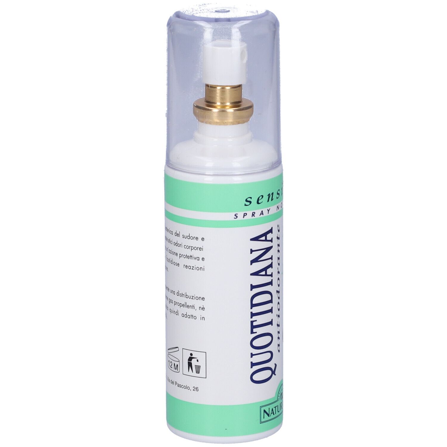 Quotidiana Antiodorante Spray Sensitive. Weiße Flasche mit grünem Band. Text und Logo auf der Flasche. Transparente Kappe.