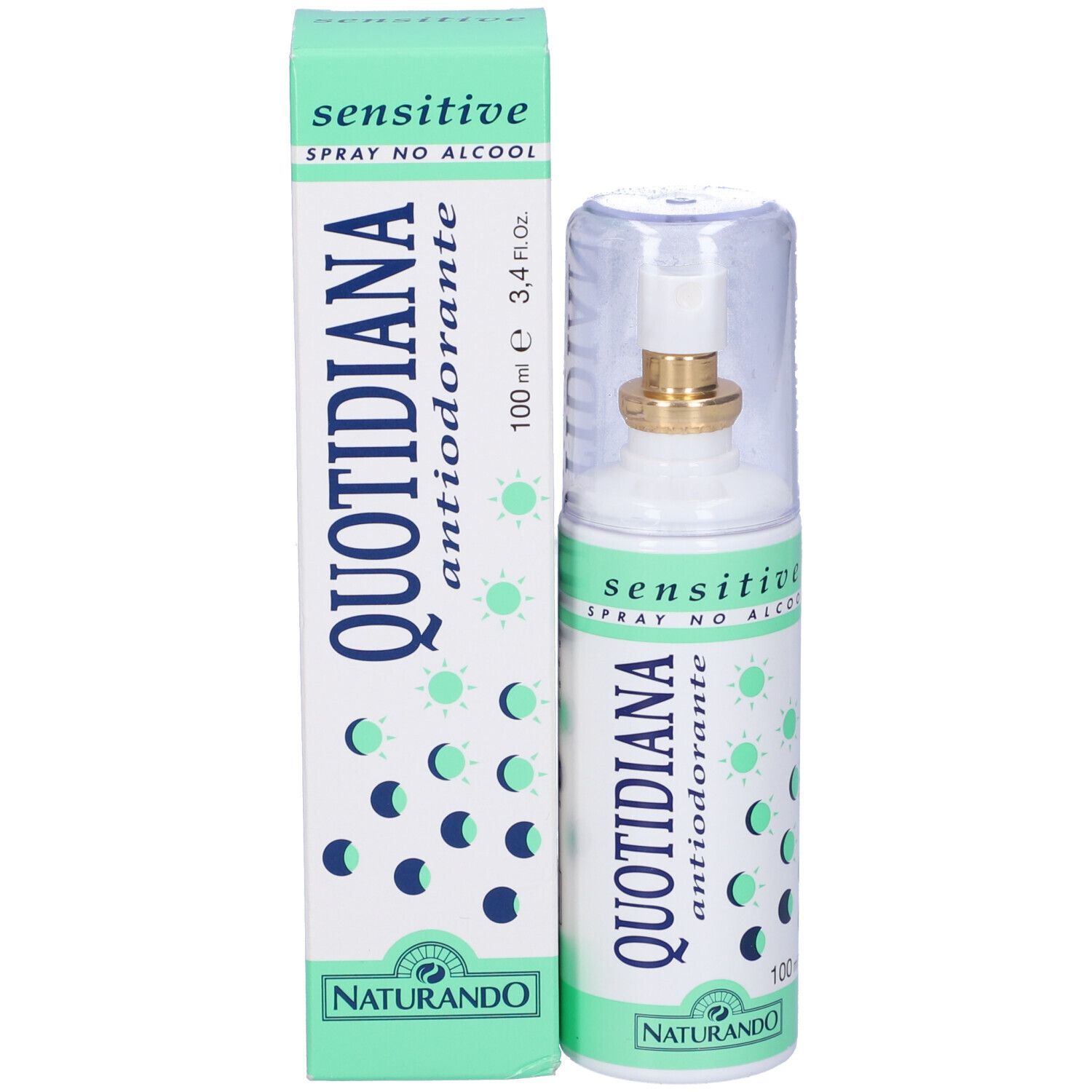 Quotidiana Antiodorante Spray Sensitive. Flasche und Verpackung. Produktname und Logo sichtbar. Grün-weißes Design.