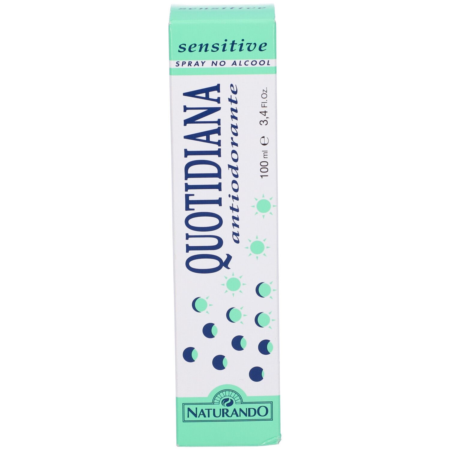 Quotidiana Antiodorante Spray Sensitive. Verpackung. Grün-weißes Design. Produktname und Logo sichtbar.