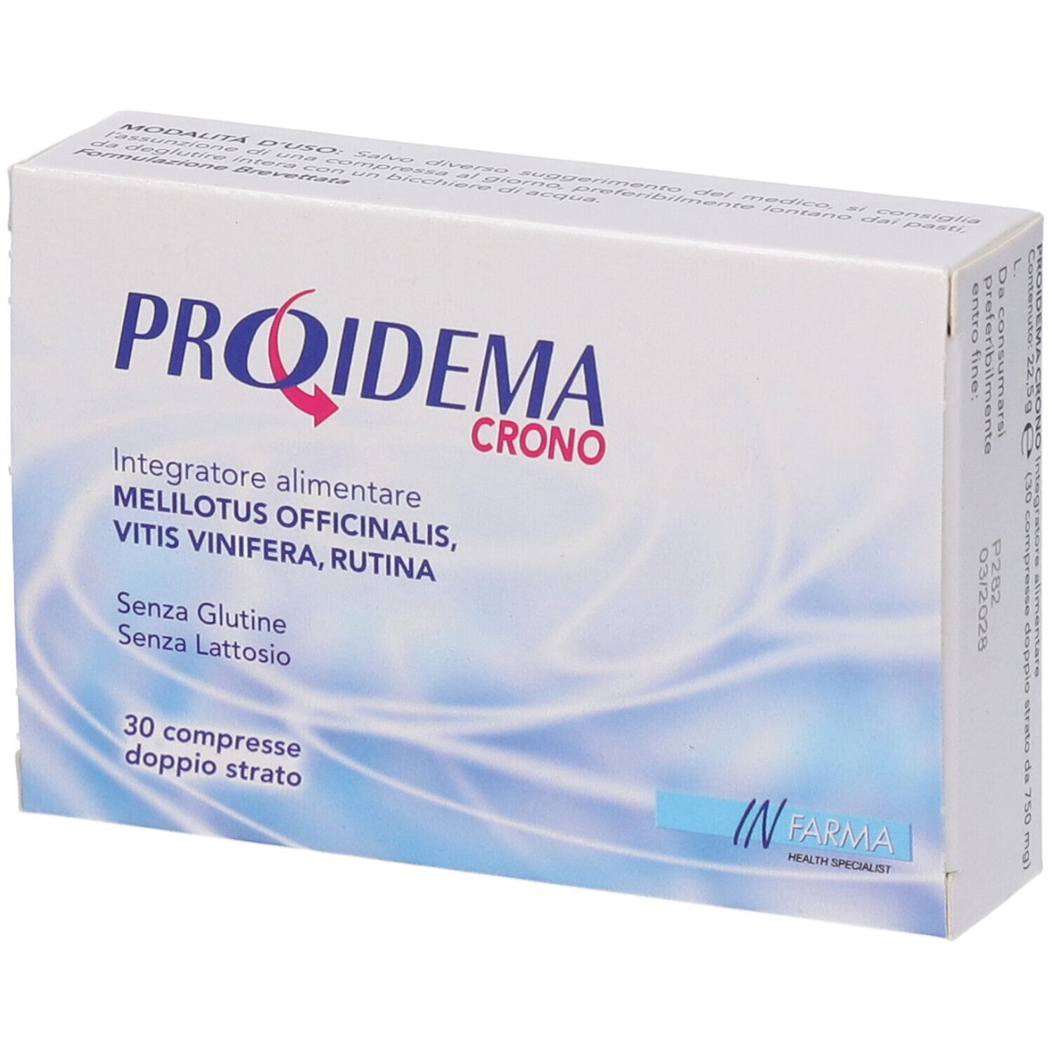 Boîte blanche avec nom du produit et ingrédients. 30 comprimés, double couche. Logo IN FARMA.