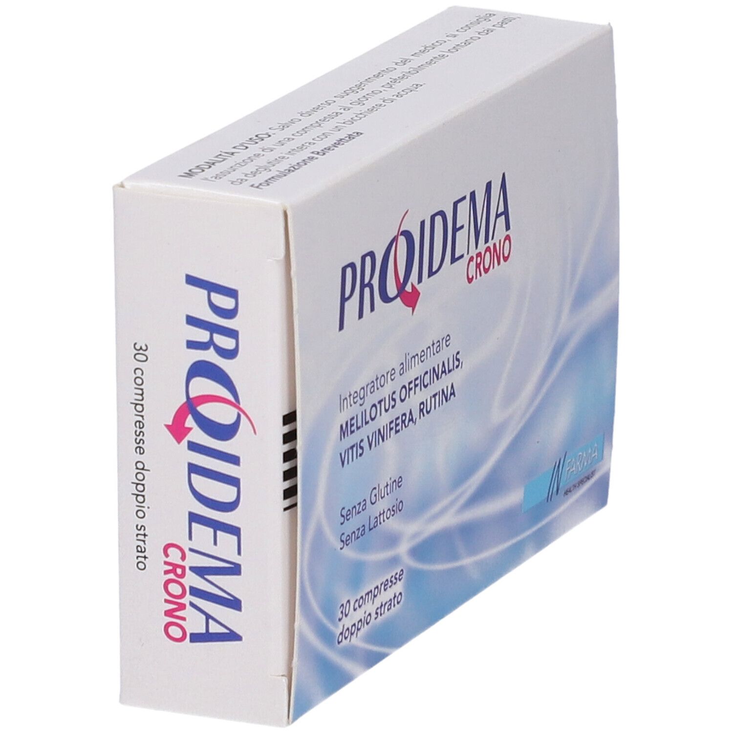 Emballage produit blanc en biais. Nom du produit et ingrédients visibles. 30 comprimés.