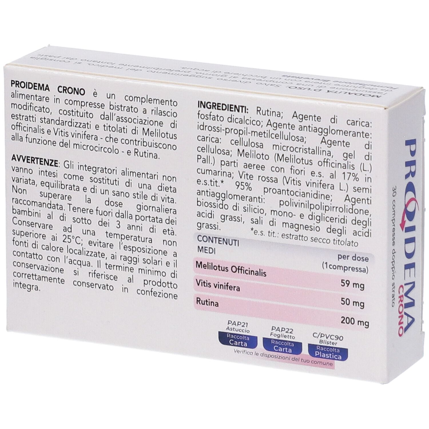 Dos de l'emballage du produit. Texte avec ingrédients et informations nutritionnelles. 30 comprimés.
