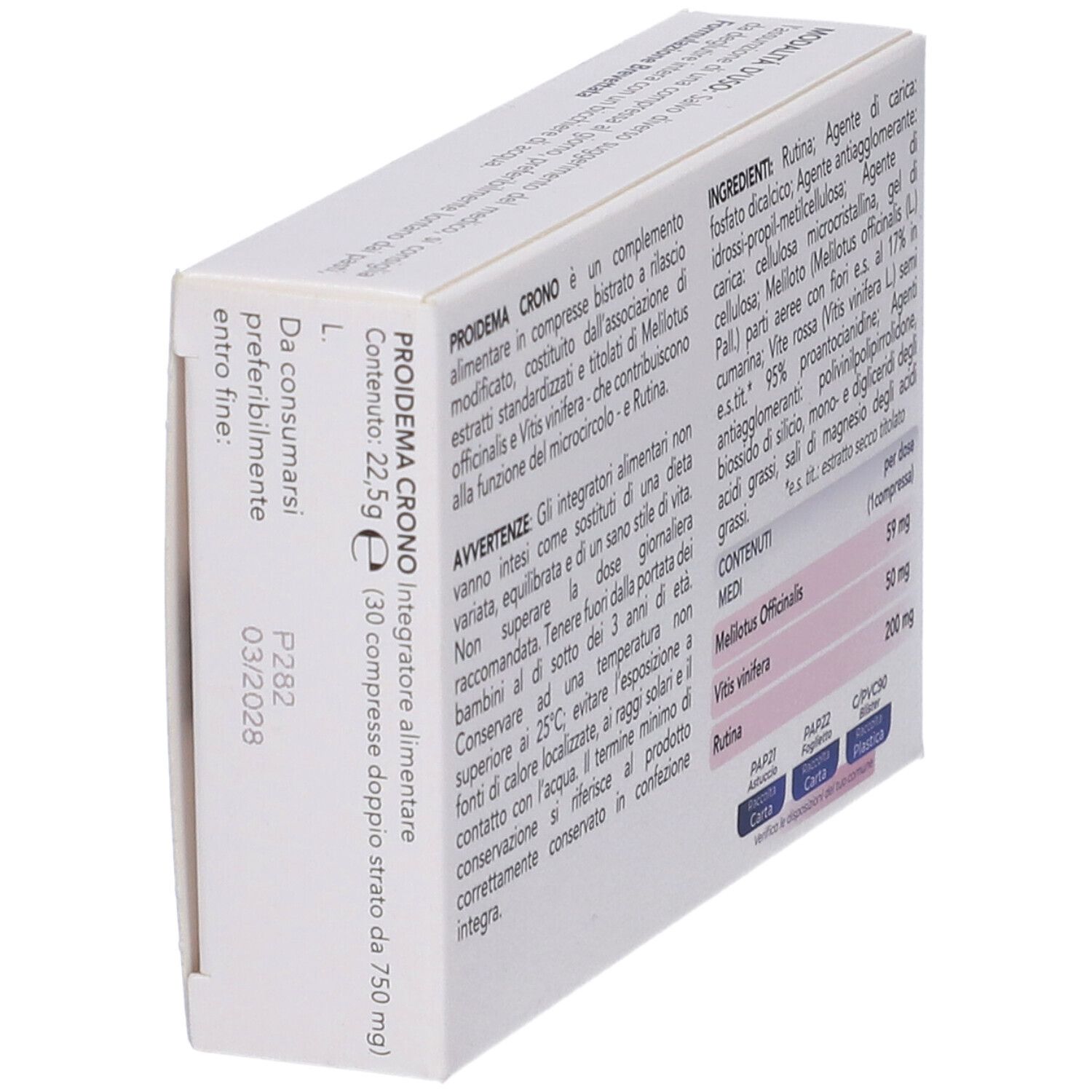 Emballage du produit en biais. Texte avec ingrédients et date de péremption. 22,5 g.