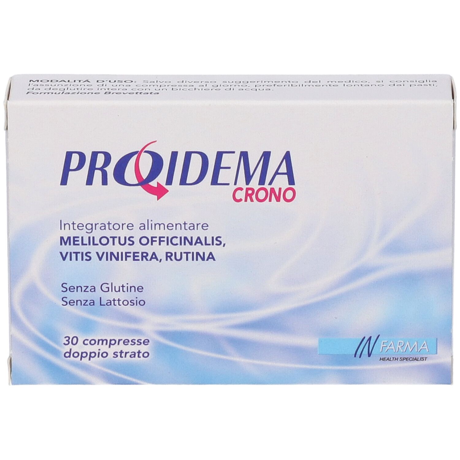 Emballage blanc. Nom du produit et ingrédients visibles. 30 comprimés, double couche. Logo IN FARMA.