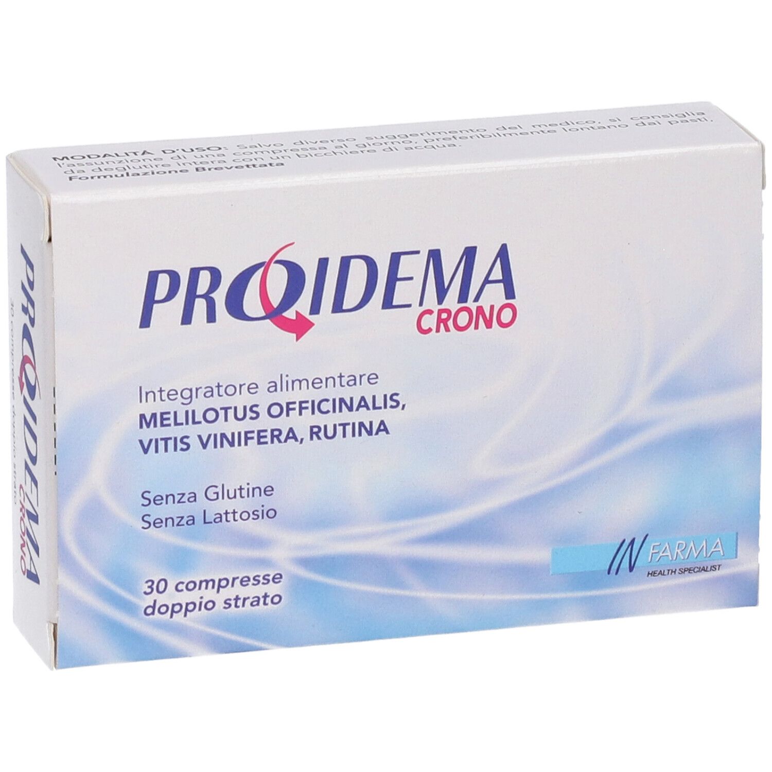 Emballage blanc. Nom du produit et ingrédients visibles. 30 comprimés, double couche. Logo IN FARMA.