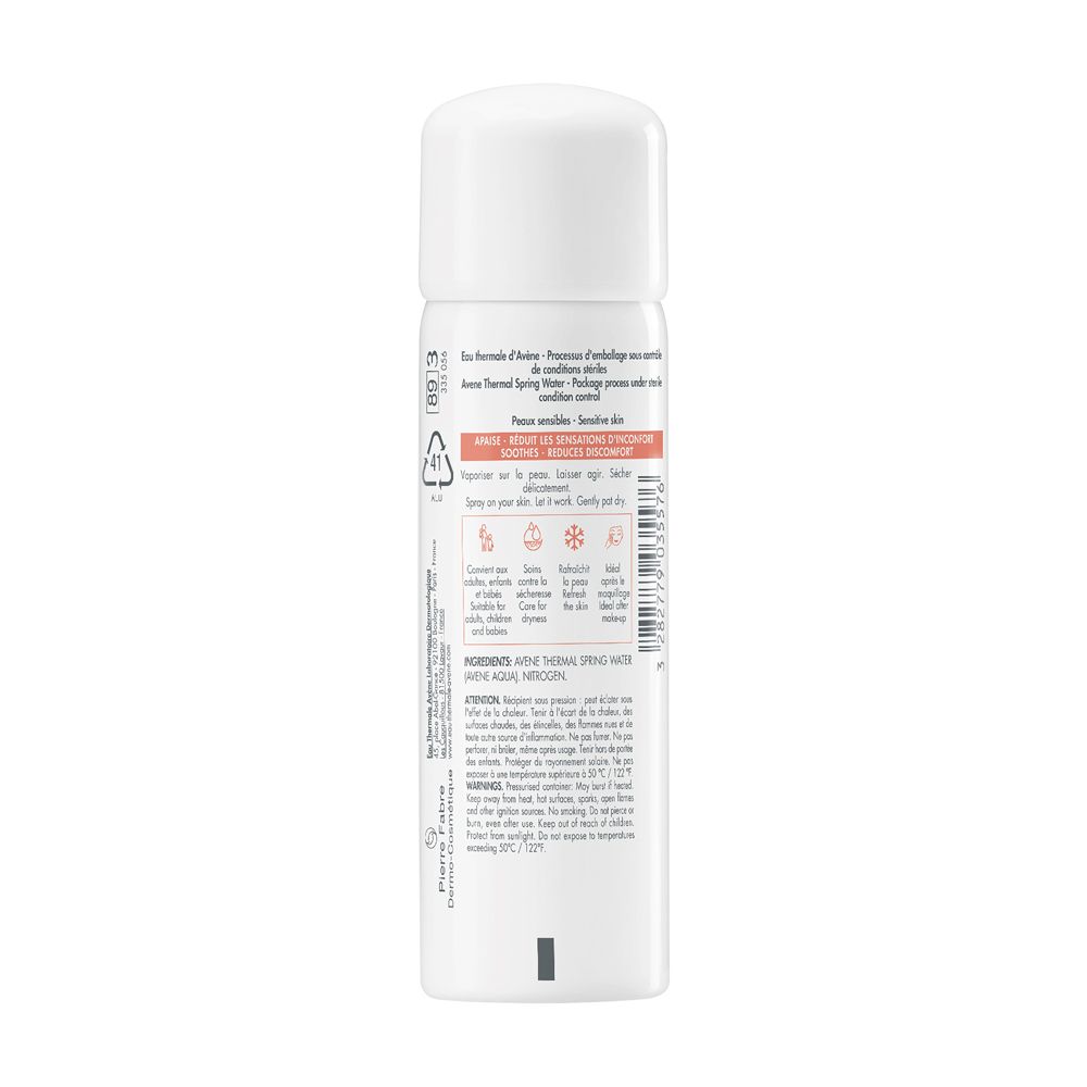 Dos du spray. Texte: Eau Thermale. Pour peaux sensibles. Ingrédients. Mode d'emploi. Précautions.