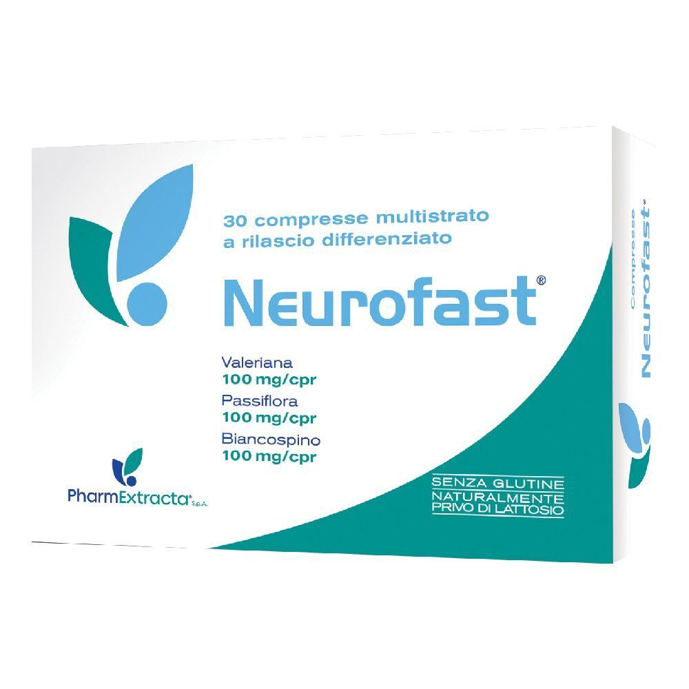 Boîte de comprimés "Neurofast". Contient 30 comprimés. Contient de la valériane, de la passiflore et de l'aubépine. Sans gluten, sans lactose.