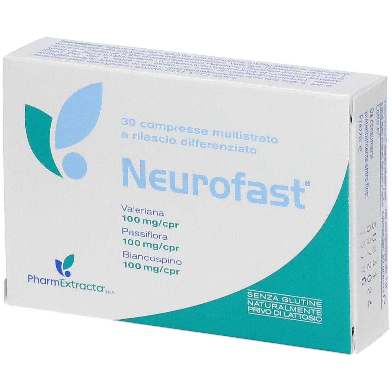 Boîte de comprimés "Neurofast". Contient 30 comprimés. Contient de la valériane, de la passiflore et de l'aubépine. Sans gluten, sans lactose.
