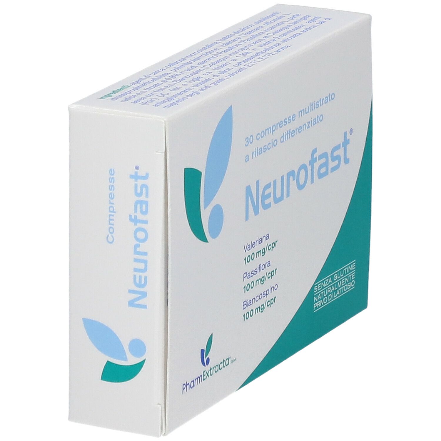 Boîte de comprimés "Neurofast". Contient 30 comprimés. Contient de la valériane, de la passiflore et de l'aubépine. Sans gluten, sans lactose.