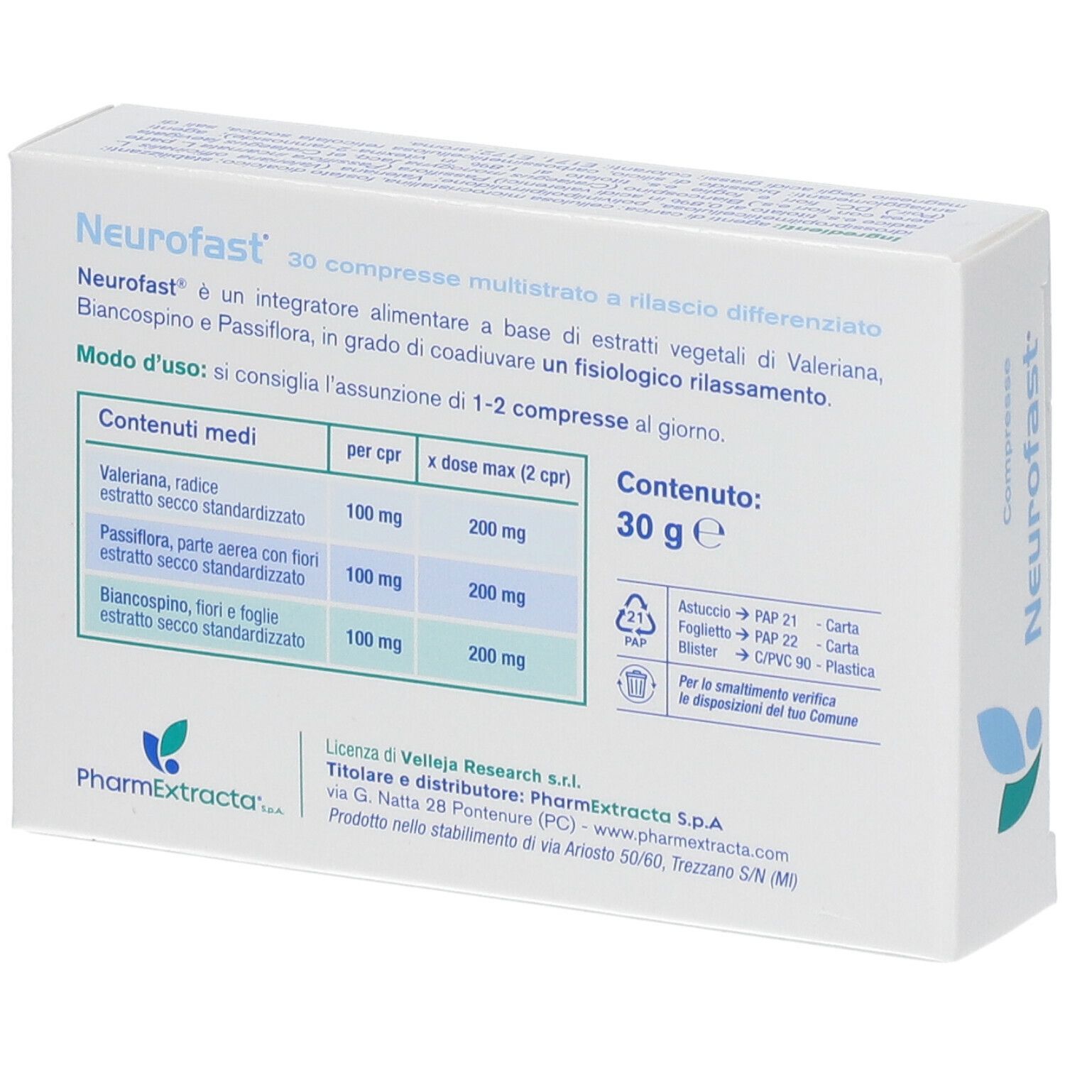Dos de la boîte de comprimés "Neurofast". Contient des informations sur les ingrédients, la posologie et le fabricant. Contenu 30 g.