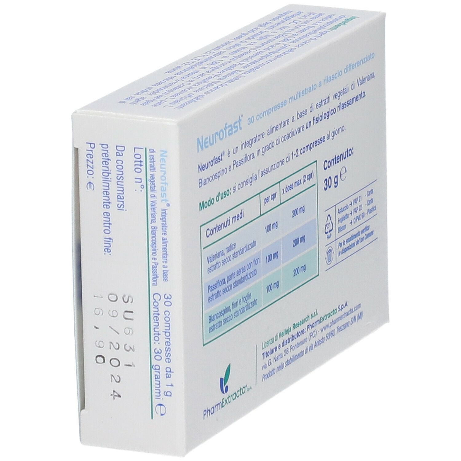 Dos de la boîte de comprimés "Neurofast". Contient des informations sur les ingrédients, la posologie et le fabricant. Contenu 30 g.