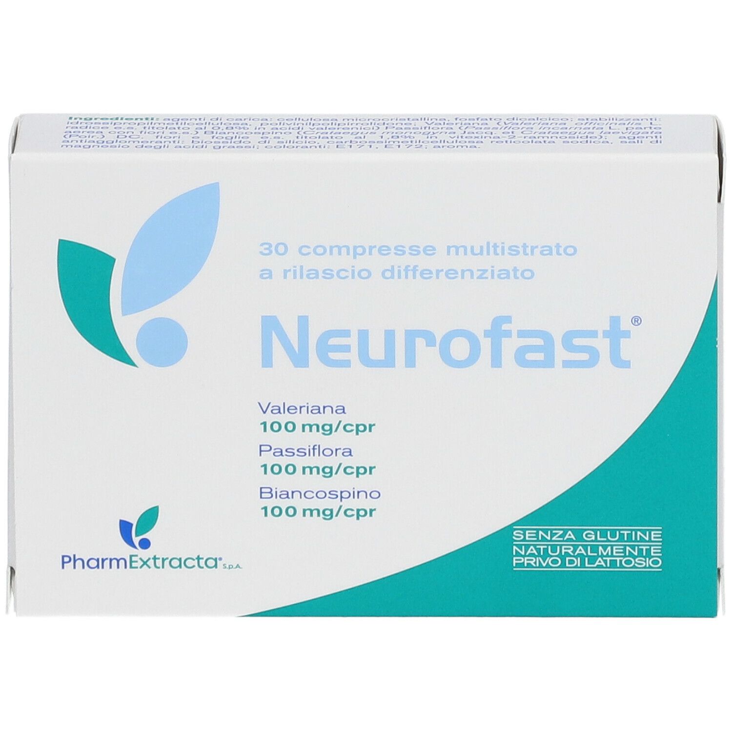 Boîte de comprimés "Neurofast". Contient 30 comprimés. Contient de la valériane, de la passiflore et de l'aubépine. Sans gluten, sans lactose.