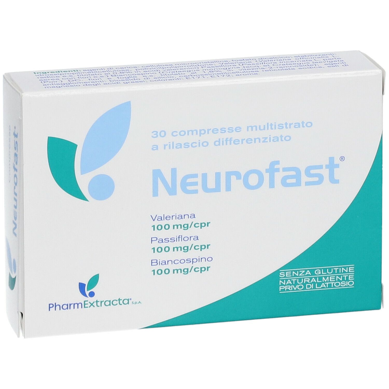 Boîte de comprimés "Neurofast". Contient 30 comprimés. Contient de la valériane, de la passiflore et de l'aubépine. Sans gluten, sans lactose.