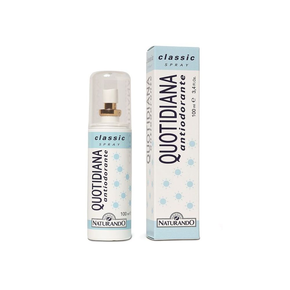 Flacon spray et boîte. Inscription : Quotidiana Antiodorante, Classic Spray. Marque Naturando.