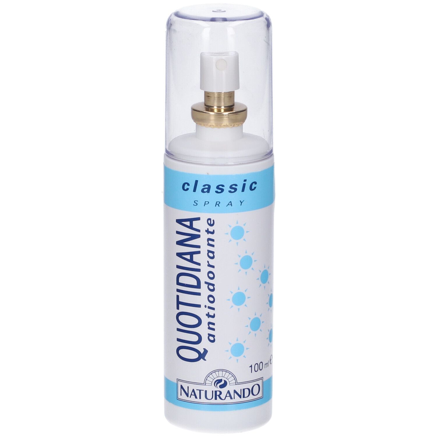 Flacon spray blanc et bleu avec bouchon transparent. Inscription: QUOTIDIANA antiodorante, classic SPRAY. Marque: NATURANDO.