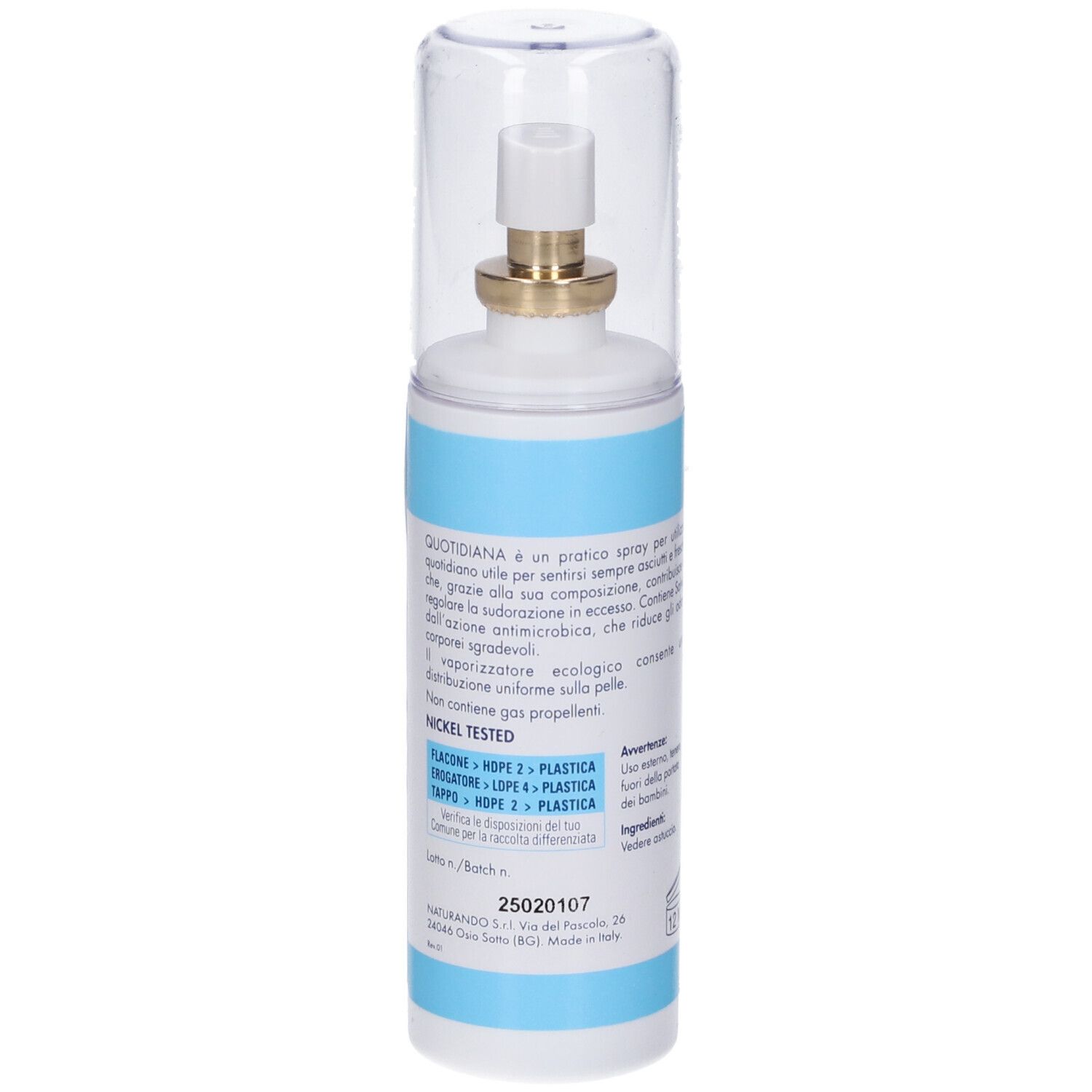 Dos d'un flacon spray. Texte en italien. Marque: NATURANDO. Nickel Tested.