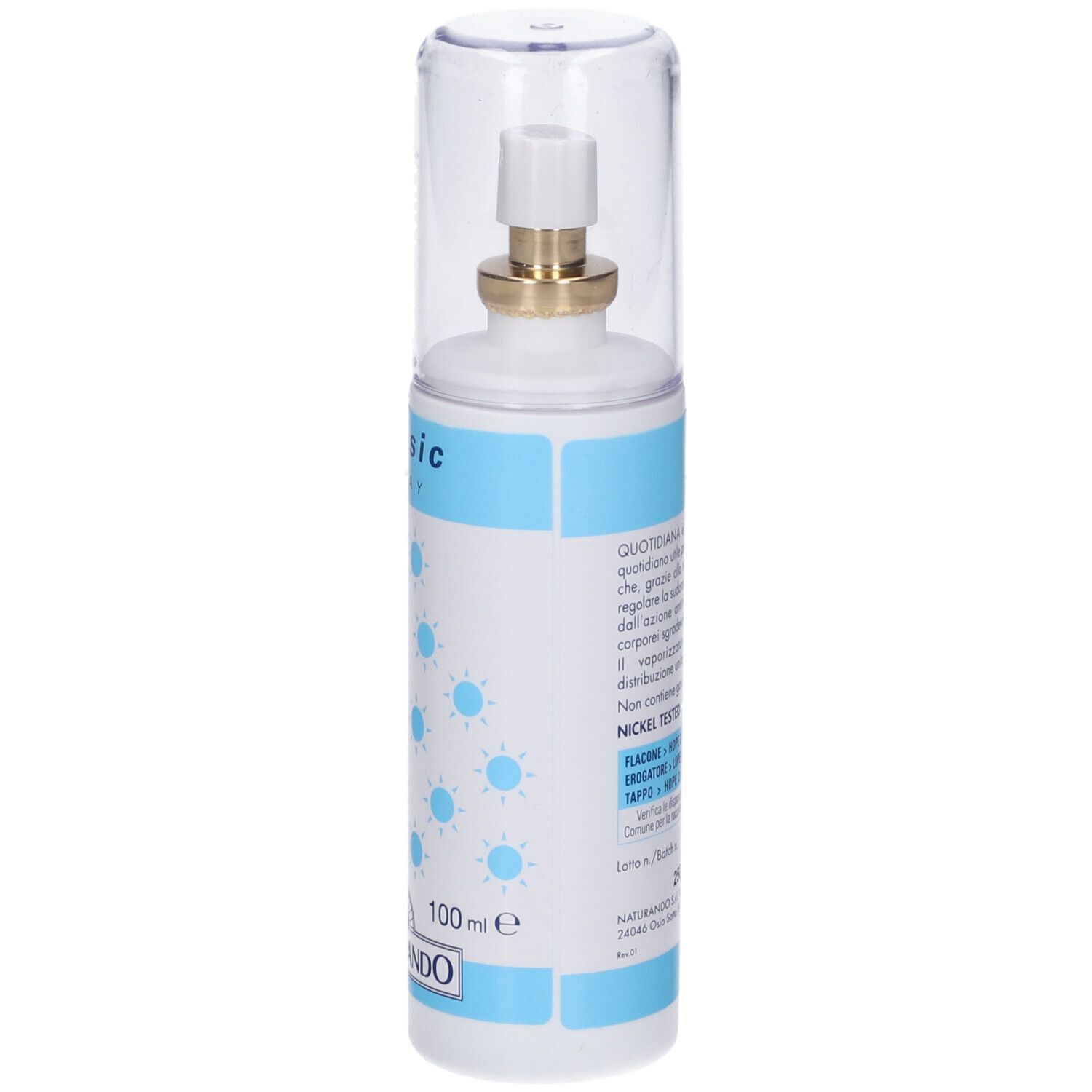Flacon spray blanc et bleu avec bouchon transparent. Inscription: QUOTIDIANA, classic. Marque: NATURANDO. 100 ml.