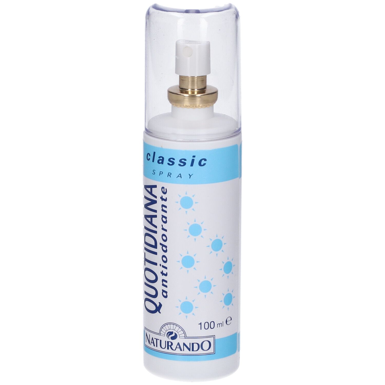 Flacon spray blanc et bleu avec bouchon transparent. Inscription: QUOTIDIANA antiodorante, classic SPRAY. Marque: NATURANDO. 100 ml.