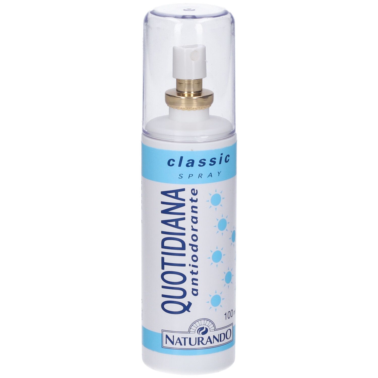 Flacon spray blanc et bleu avec bouchon transparent. Inscription: QUOTIDIANA antiodorante, classic SPRAY. Marque: NATURANDO. 100 ml.