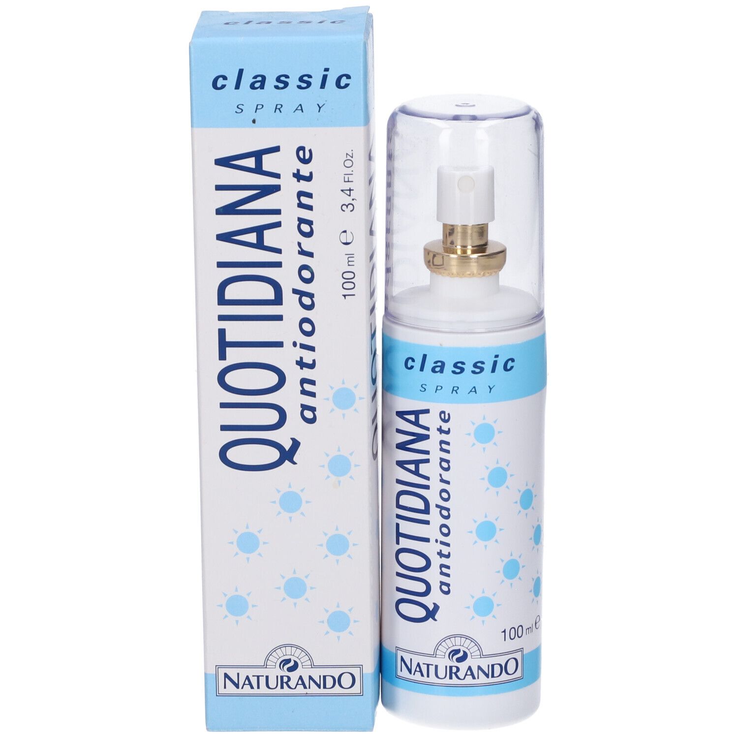 Emballage du produit et flacon spray. Inscription: QUOTIDIANA antiodorante, classic SPRAY. Marque: NATURANDO. 100 ml.