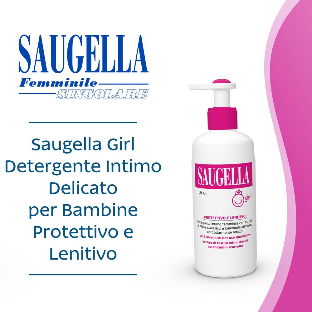 Produktflasche mit rosa Akzenten. Text: SAUGELLA, girl. Produktname: Saugella Girl. Text: PROTETTIVO E LENITIVO.