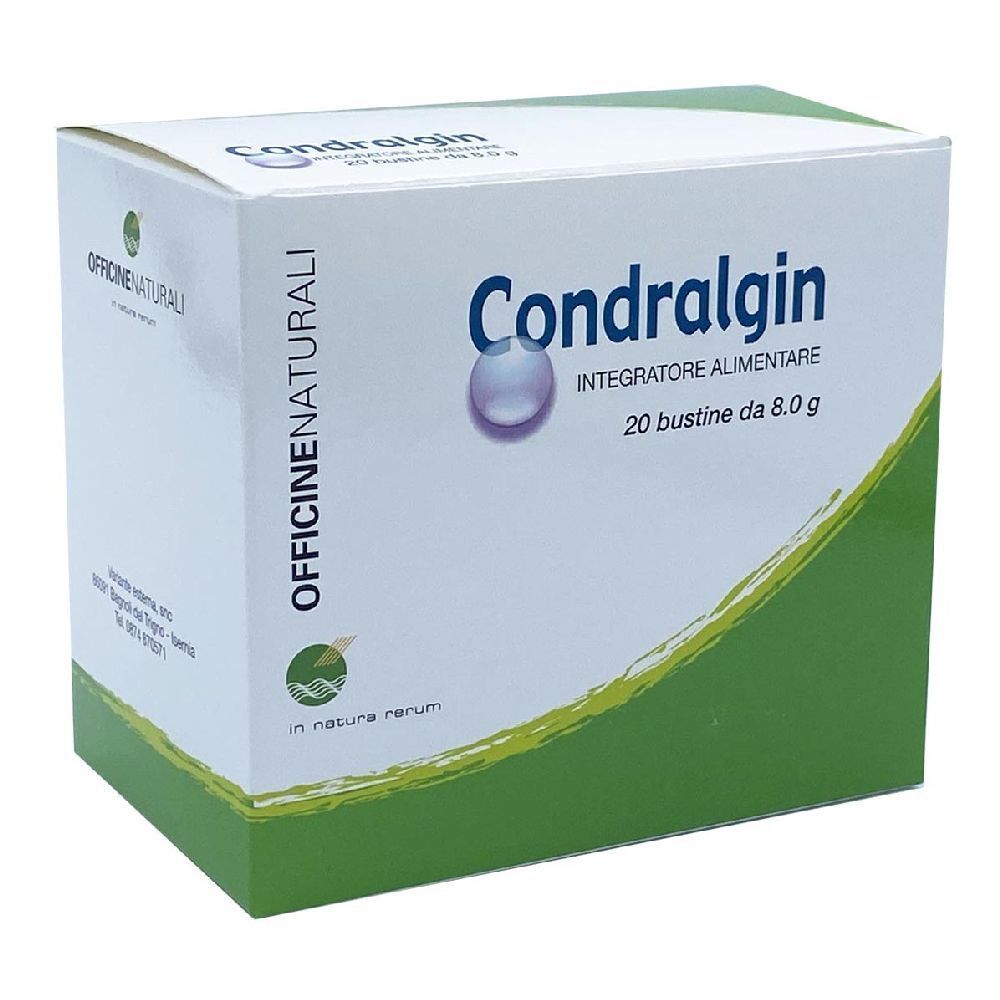 Weiß-grüne Schachtel mit "Condralgin"-Logo. Enthält 20 Beutel. "Integratore alimentare" steht darunter.