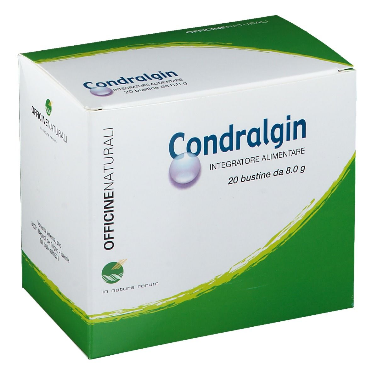 Weiß-grüne Schachtel mit "Condralgin"-Logo. Enthält 20 Beutel. "Integratore alimentare" steht darunter.
