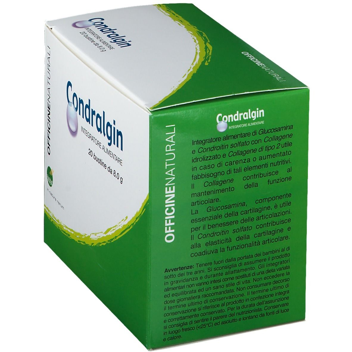 Weiß-grüne Schachtel mit Text. Enthält Informationen über Inhaltsstoffe und Gebrauchsanweisung. "Condralgin"-Logo.