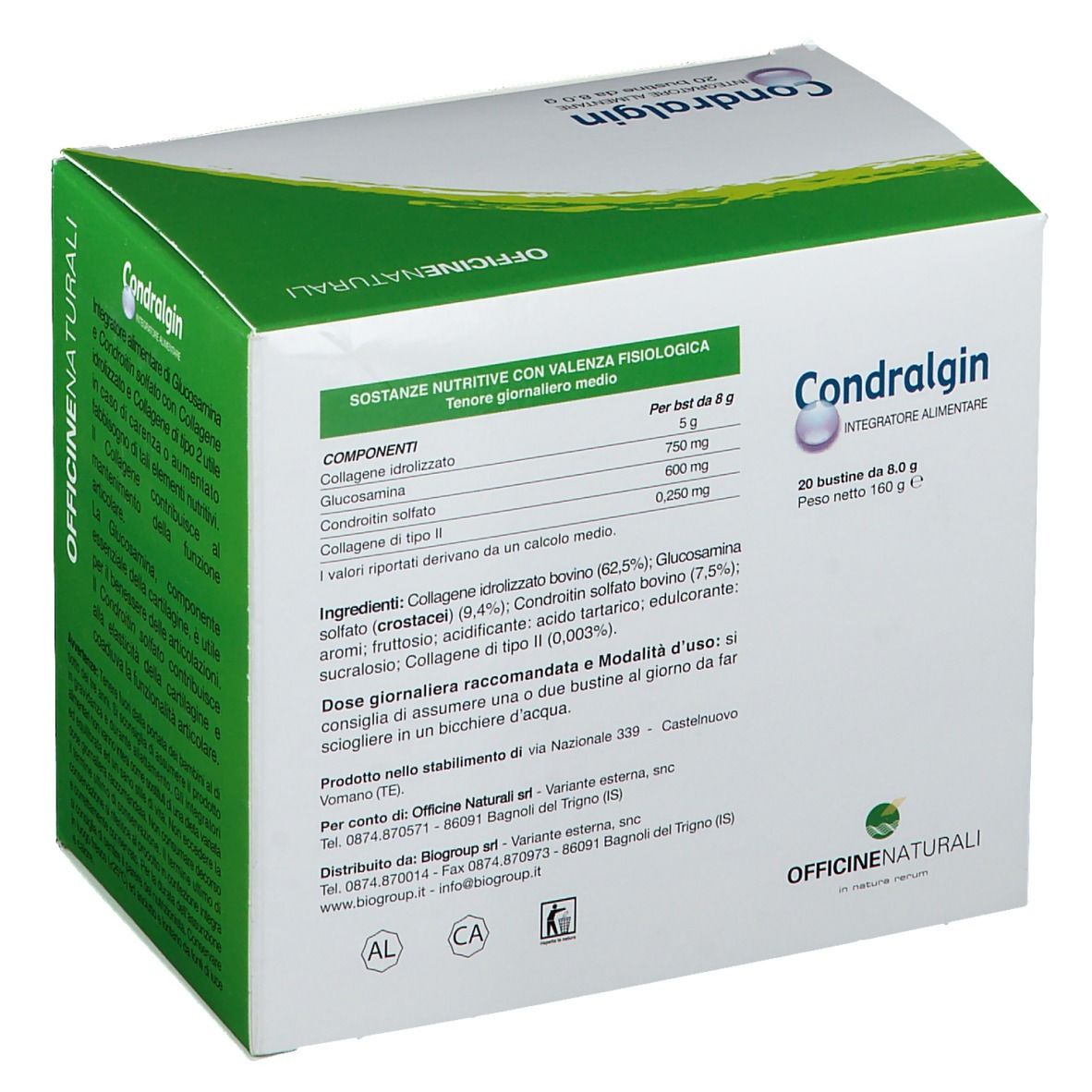 Rückseite der weiß-grünen Schachtel mit Inhaltsstoffangaben und Dosierung. "Condralgin"-Logo und Text.