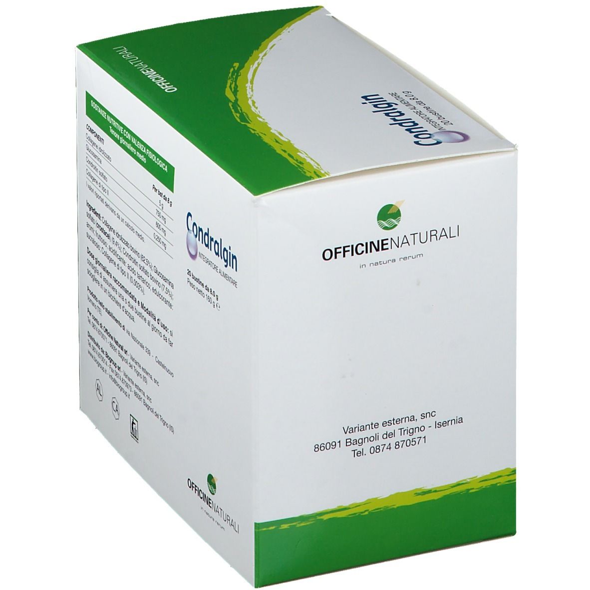 Rückseite der weiß-grünen Schachtel mit Text und Logo. Enthält Informationen über das Produkt und die Inhaltsstoffe.