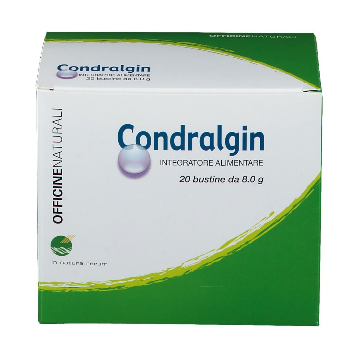 Weiß-grüne Schachtel mit "Condralgin"-Logo. Enthält 20 Beutel. "Integratore alimentare" steht darunter.