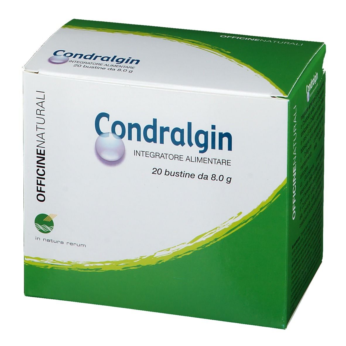 Weiß-grüne Schachtel mit "Condralgin"-Logo. Enthält 20 Beutel. "Integratore alimentare" steht darunter.